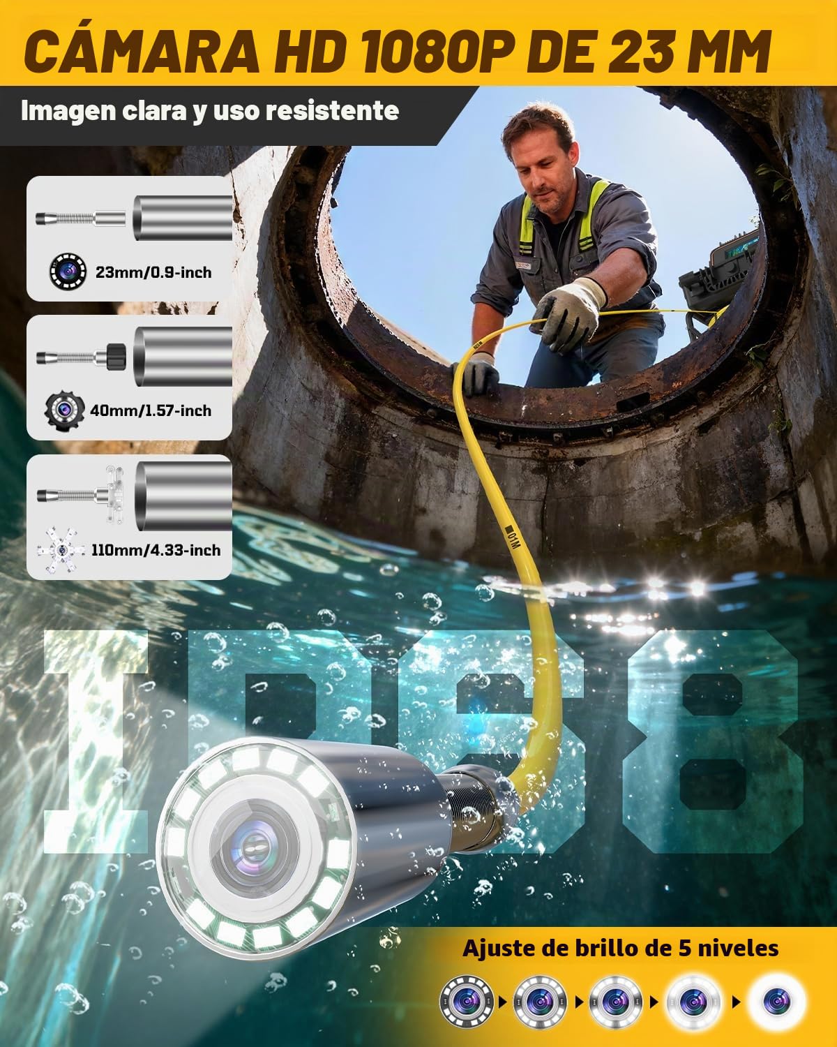 Camara Inspeccion Tuberias 30M con Sonda 512Hz | 1080P HD, Autonivelante, DVR, Cable de 7MM, Impermeable IP68, Adecuada para Alcantarillado, Tuberías, Piscinas y Desagües