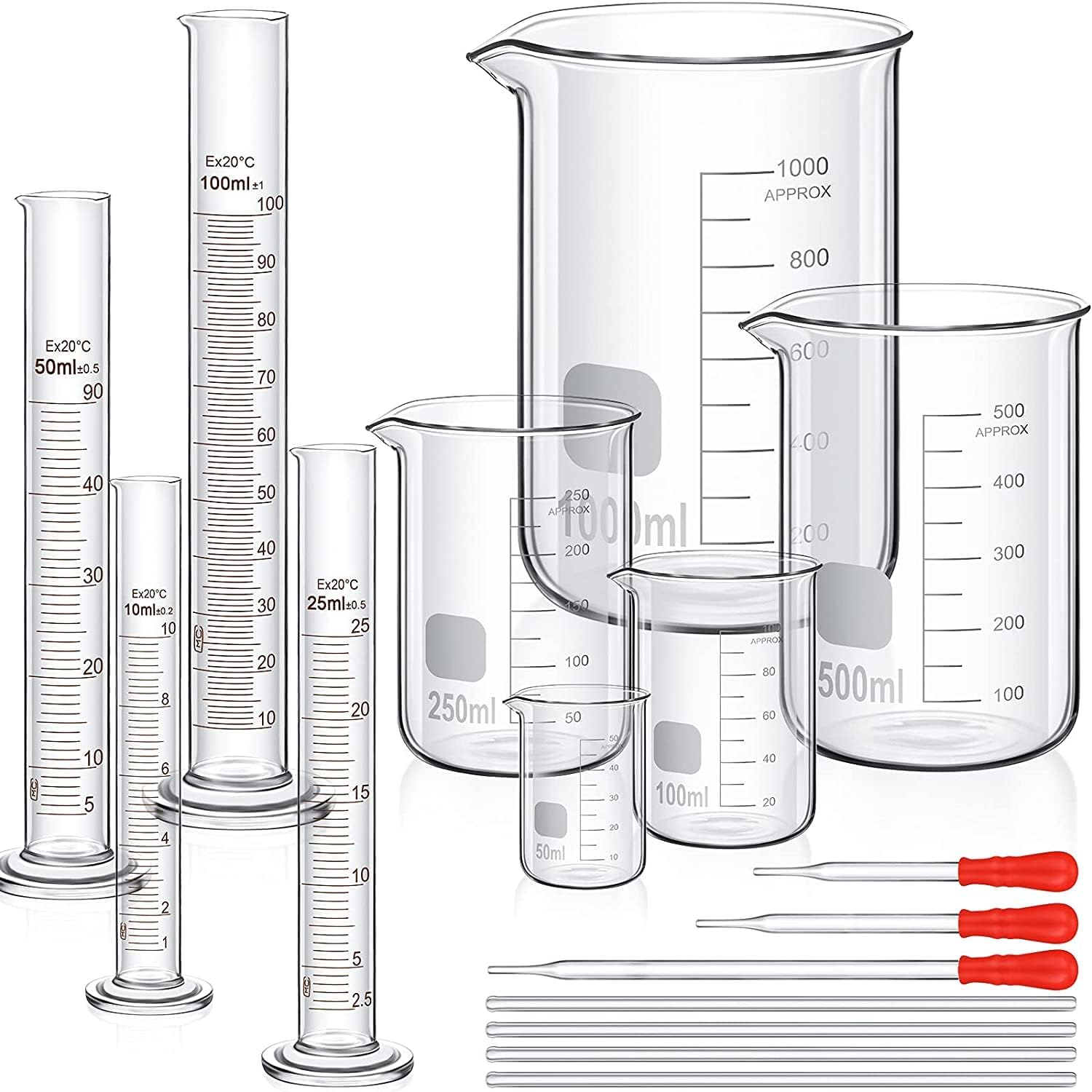 Salco Glass Graduated Cylinder Beaker Set, Thick Lab Cylinders, Beaker (50 ml, 100 ml, 250 ml, 500 ml, 1000 ml) with 3 Dropper and 4 Stirring Rod in 7.9 Inch (Glass)