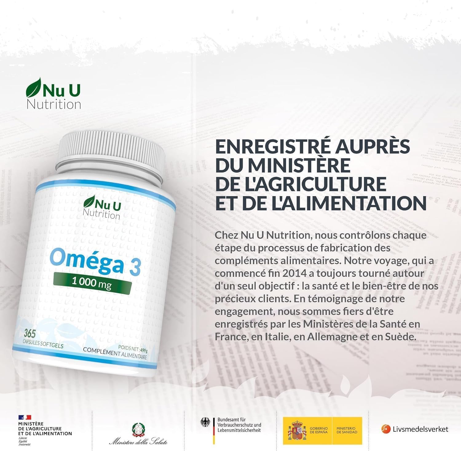 Omega 3 Fish Oil 1000 mg - Huile de Poisson - 365 Gélules - Cure d'1 An - Riche en EPA 540mg et DHA 360mg - Compléments alimentaires de Nu U Nutrition