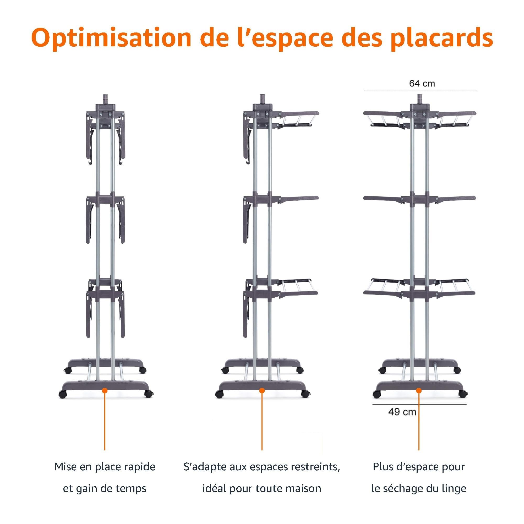 Amazon Basics Séchoir à Linge Intérieur, à Ailes Pliables, à 4 Niveaux, 72,9 à 126 x 64 x 173 cm (L x L x H), Argenté, pour Vêtements