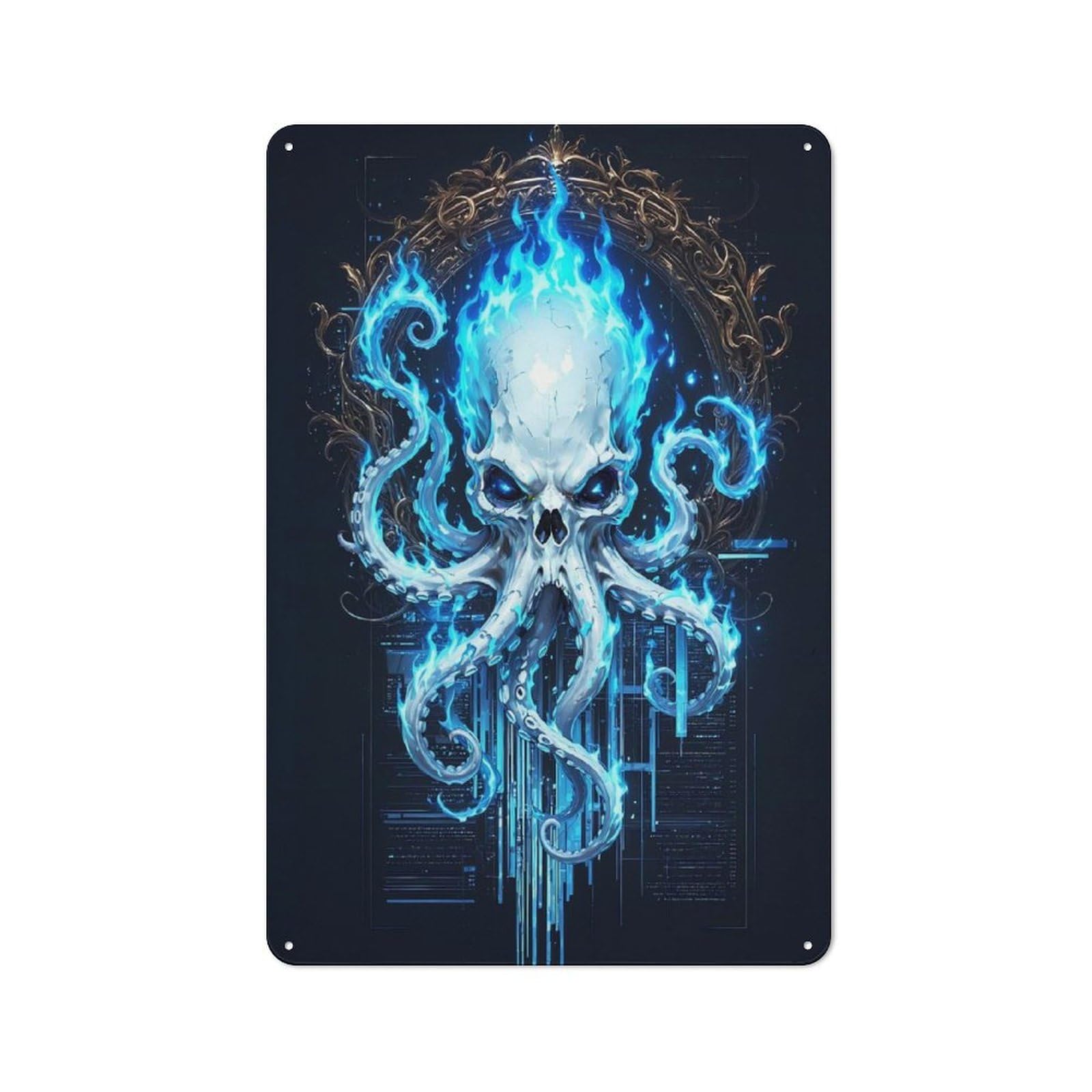 Junmoney Style-1 Flaming Skull Octopus Digital Art Rustic Metal Plaque 30X20cm For Café Or Restaurant, Wall Decor For People Reorganising Café And Restaurant