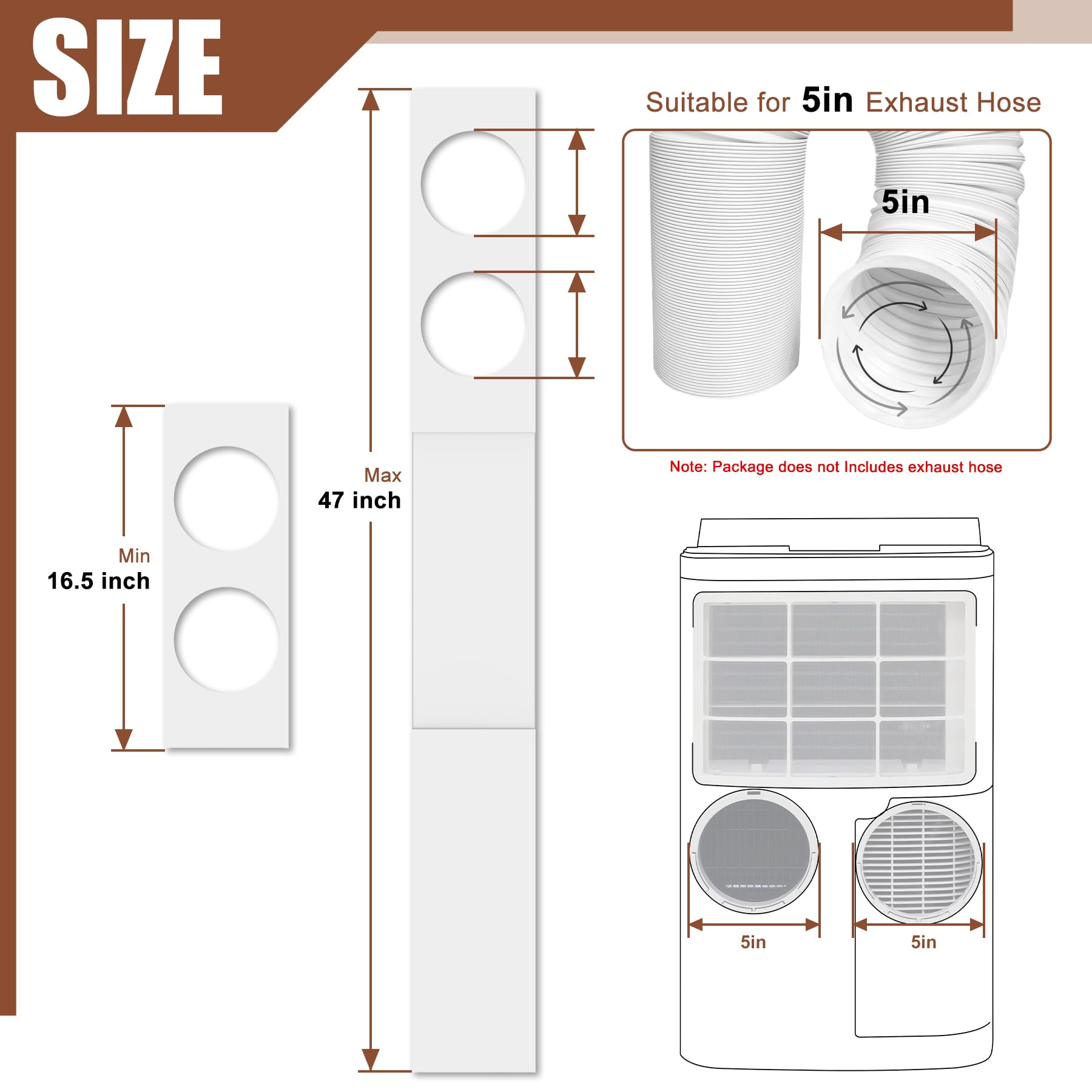 BJADE'S Kit de sellado de ventana de aire acondicionado portátil de doble manguera para manguera de escape de CA portátil de 5 pulgadas con cinta de sellado aislante, kit de ventilación portátil