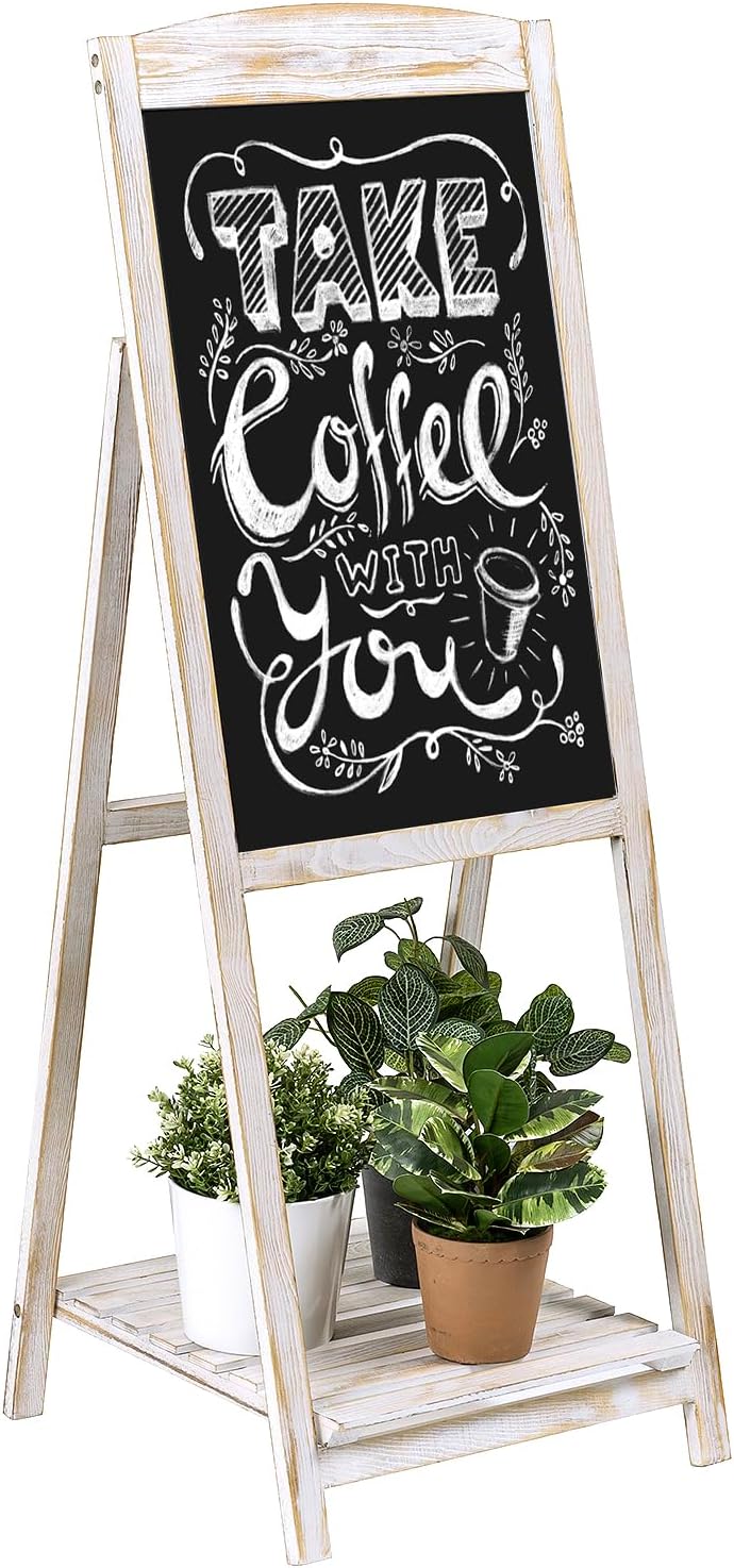 MyGift Shabby Whitewashed Wood A-Frame Chalkboard Easel, 45" Freestanding Decorative Chalkboard Sign with Plant Shelf Stand