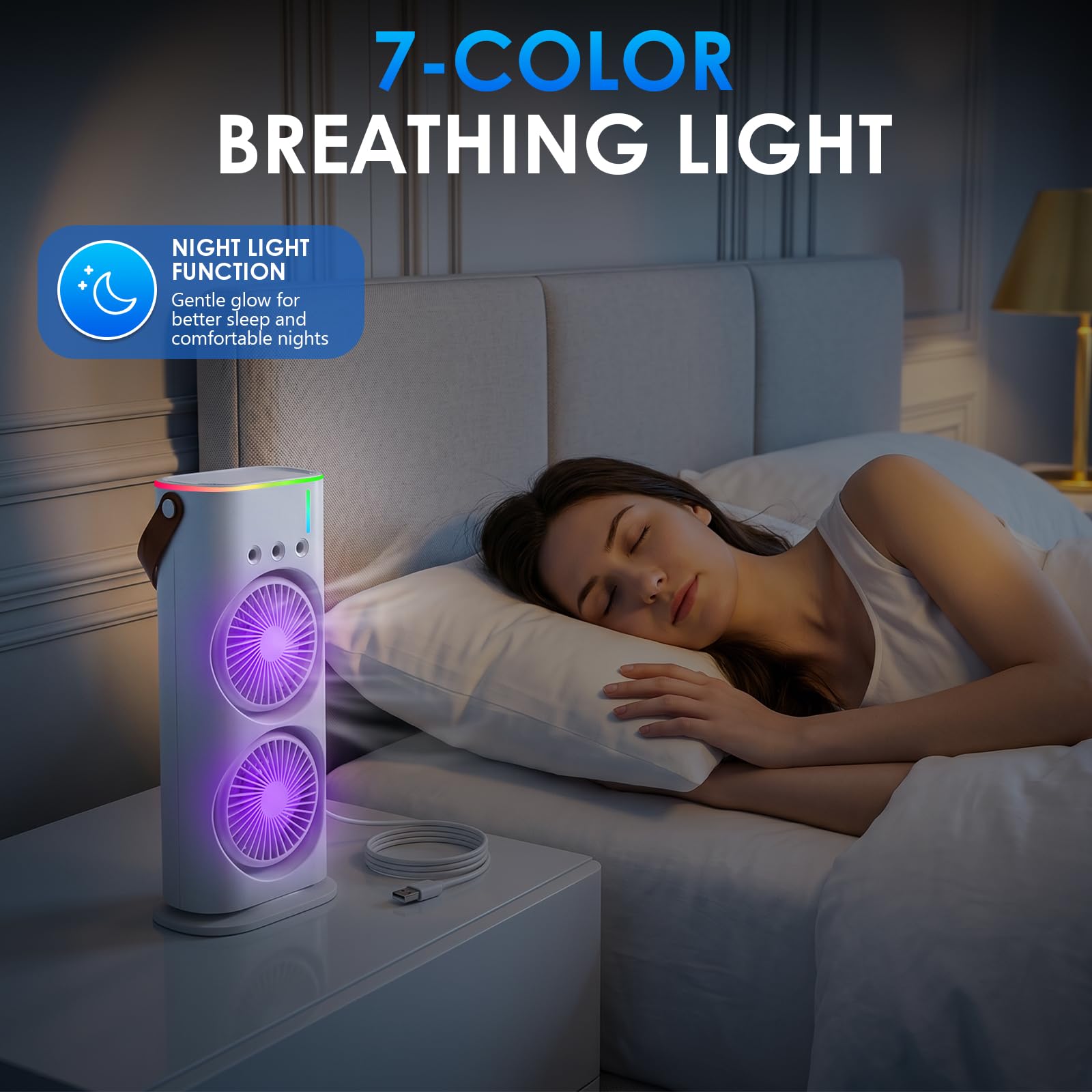 Mobile Klimaanlage 4 in 1, Luftkühler Ventilator USB, Mini Klimagerät mit 280ml Wassetank, Luftbefeuchter, LED -Licht, 3 Geschwindigkeiten, 3 Nebelmodi, Luftreiniger für Hause, Büro, Reisen