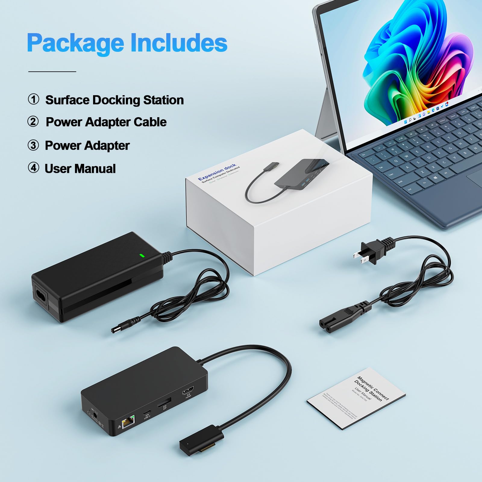 Neue Microsoft Surface Dockingstation mit drei 4K@60Hz-Displays (HDMI+USB C+DP) und Netzteil, Surface Pro Dockingstation für Microsoft Surface Pro 12/11/10/9/8/X/7/6/5/4/3,Surface Laptop 7/6/5/4/3/2/1