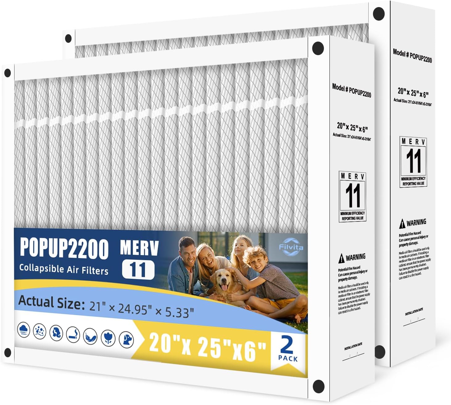 20x25x6 MERV 11 Air Filter Compatible with Honeywell POPUP2200,Aprilaire Space-Gard 2200 2120 2250,Lennox PMAC20,GeneralAire AC-1 Air Cleaning,Pleated Design (2-PACKS)