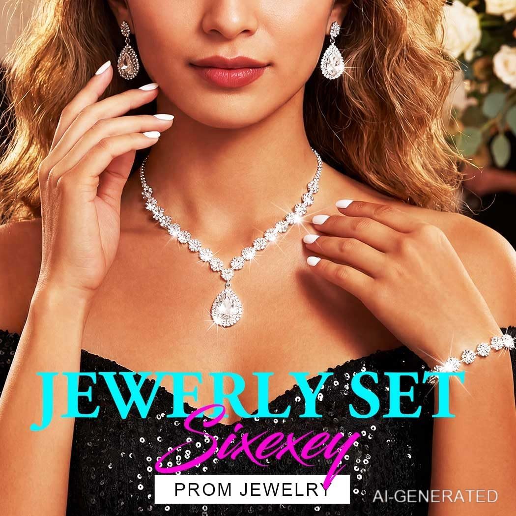 Sixexey Rhinestone Silver Jewelry Set Bridal Necklace Earrings for Women image 3
