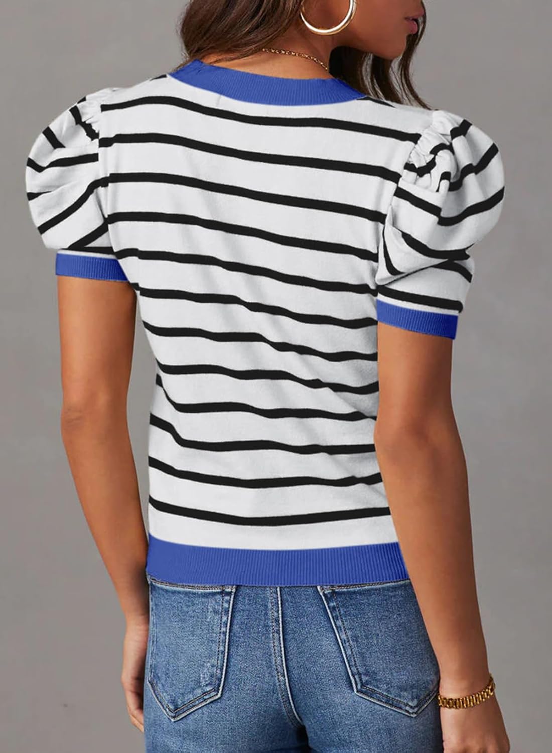 Dokotoo Women's Short Puff Sleeve Knit Tops 2026 Trendy Crewneck Striped T Shirts Casual Summer Blouses - Image 3