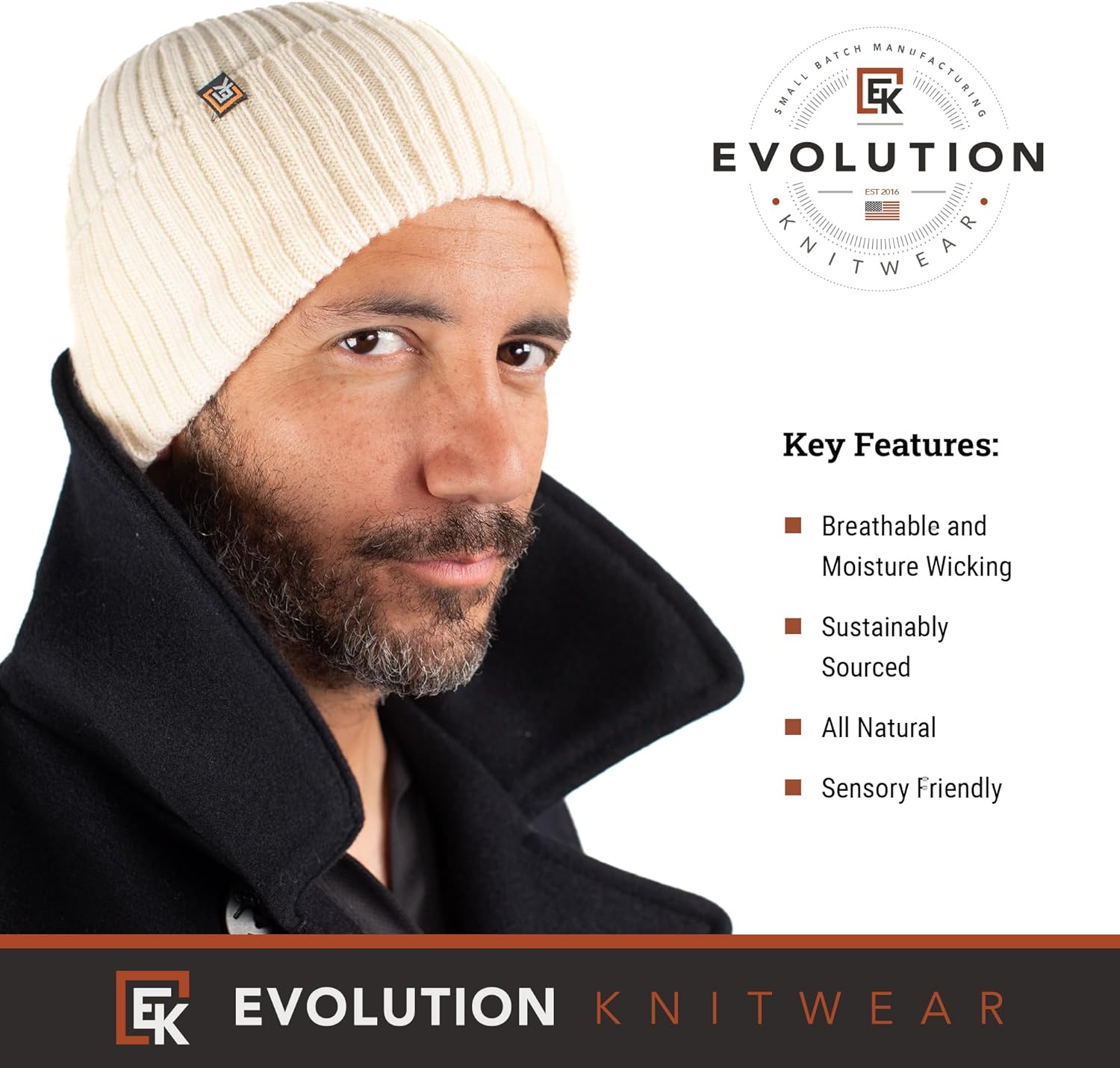 Evolution Knitwear Wool Rib Knit Beanie Hat for Men or Women - Super Soft Merino Wool - Made in The USA