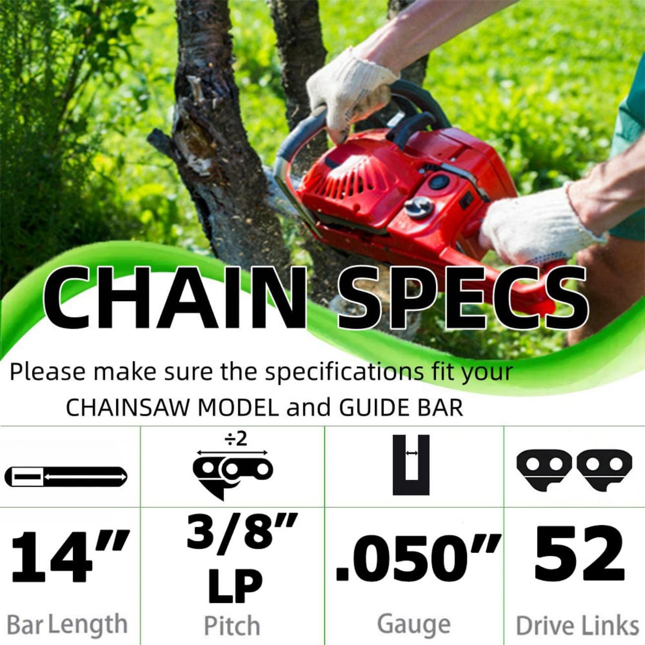 14 Inch Chainsaw Chain 3/8"LP Pitch .050" Gauge 52 Drive Links Fits for Echo CS-300 CS-310, Husqvarna 120, Worx WG305, RYOBI RY3714, Makita, Poulan and More,S52 (3 chainsaw chains)