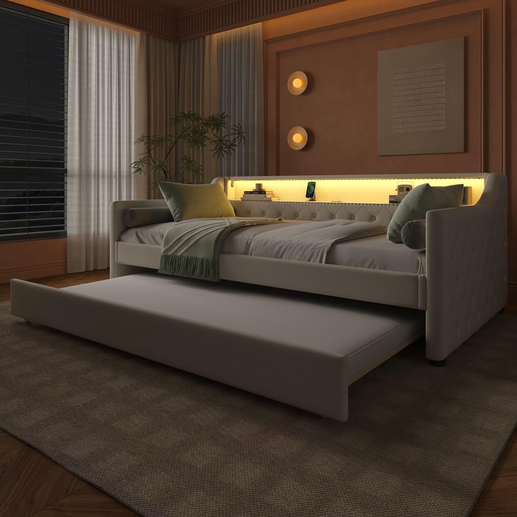 EURHCIO Canape Lit Une Place 90x200cm avec lit Gigogne 90x190cm,Cadre de Lit 1 Personne avec Lampe LED Réglable,Ports USB,Sommier à Lattes Robuste,pour Enfants Ados Adulte(F-Gris)