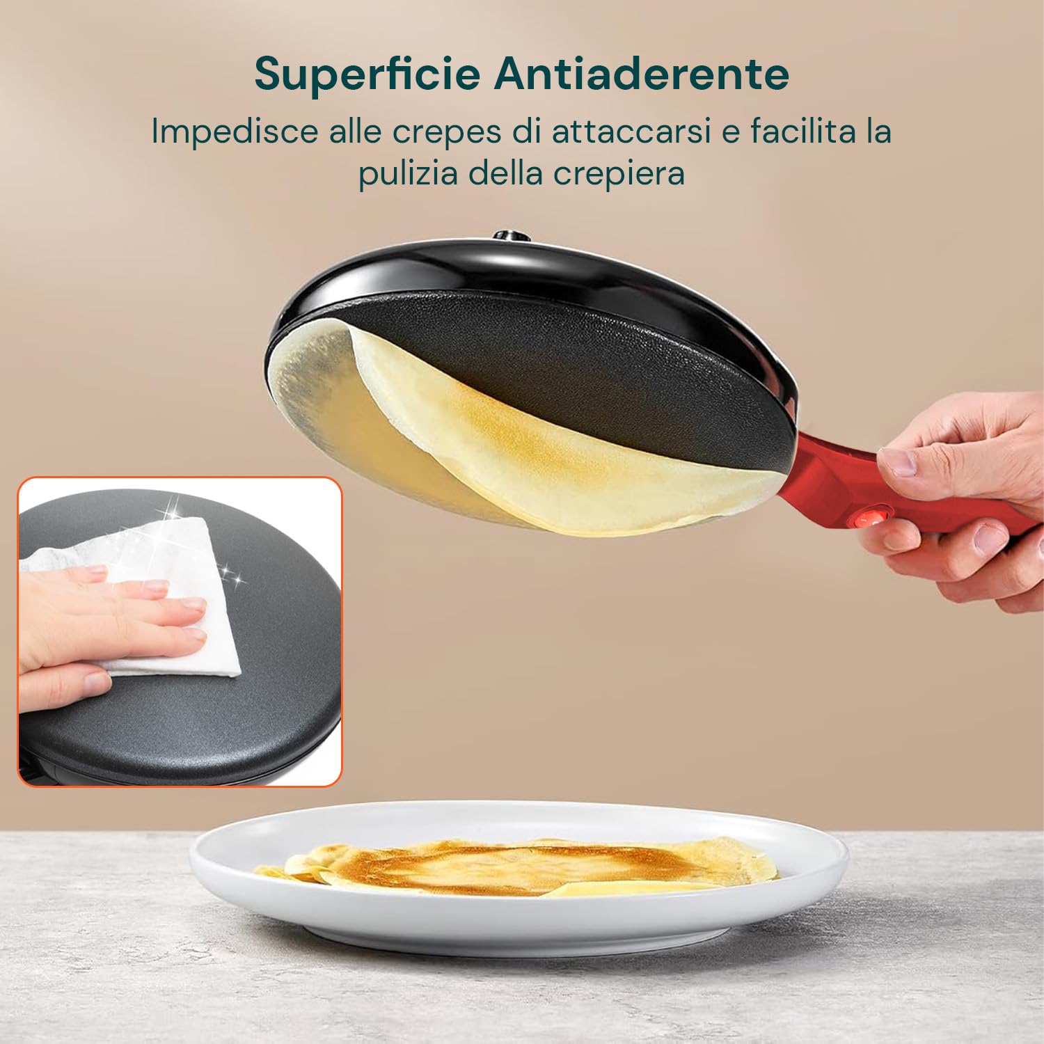 Wintem - Crepiera Elettrica Yummi 600W con Ciotola e Frusta Inclusa, Padella Antiaderente da 20cm Facile da Pulire, Ideale per Preparare Crepes Veloci a Colazione o Merenda in Sicurezza