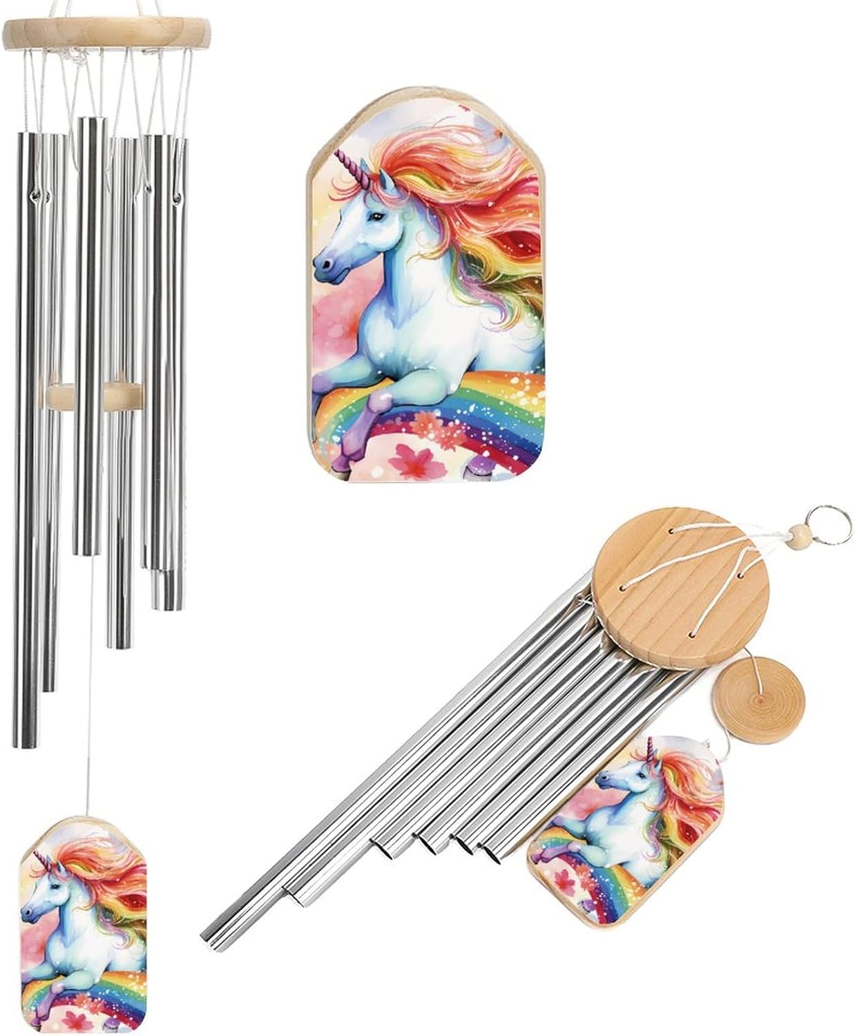 Rainbow Unicorns Wooden Wind Chimes Deep Tone Memorial Windchime for Outside Garden Home Decoration