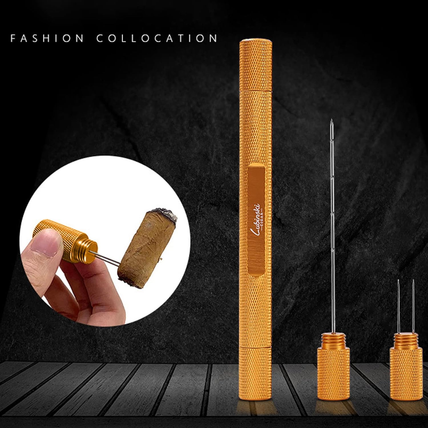 2 in 1 Cigar Multitool Dual Size Cigar Punch with Cigar Draw Enhancer Tool & Nubber Cigar Needle Cutter Rust-Proof Gift Gold