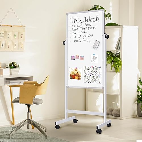 Miniatura 7 de maxtek Pizarra blanca rodante, 48 x 24 pulgadas de altura ajustable sobre ruedas, gran tablero de caballete móvil magnético de pie, doble cara con