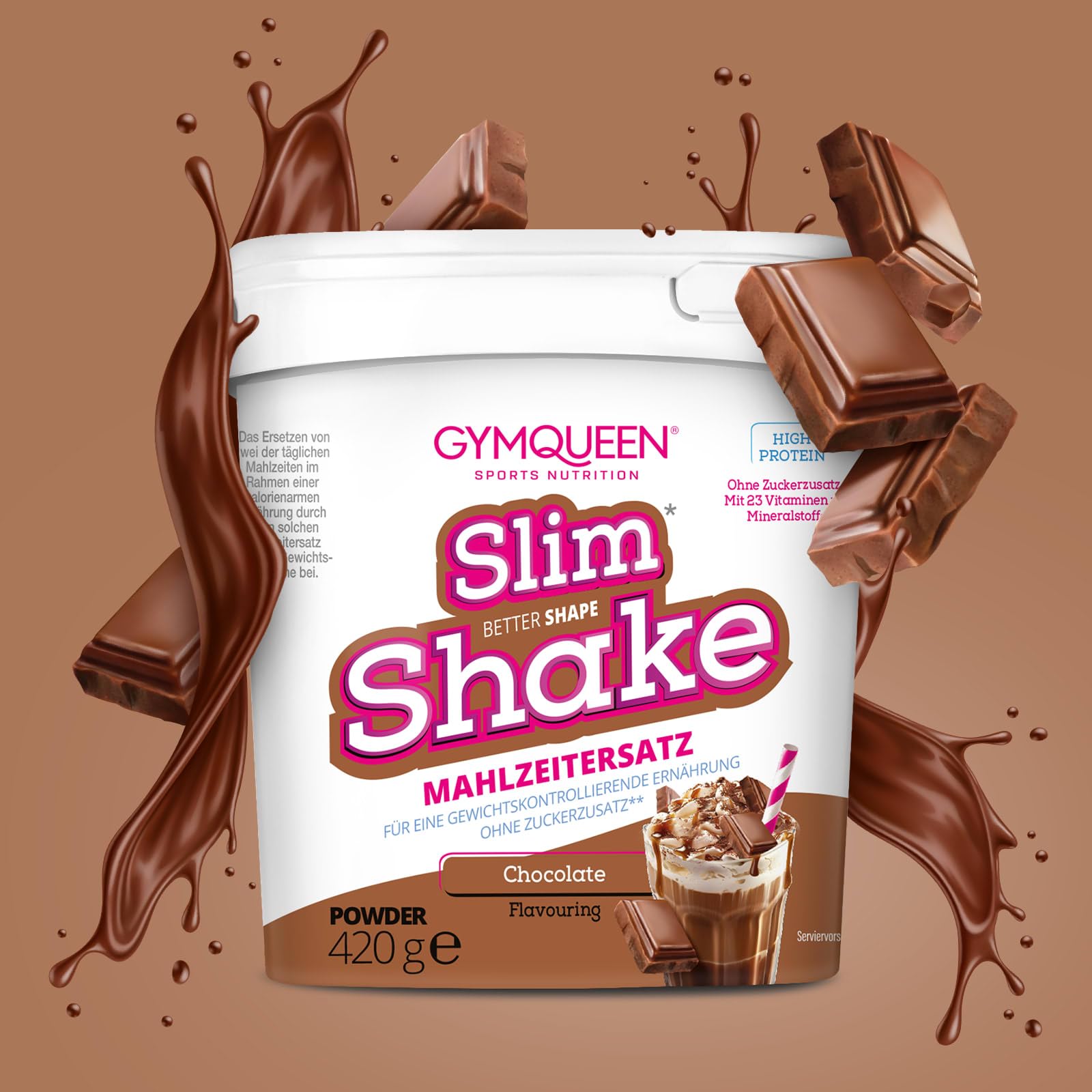 GymQueen Slim Queen Koktajl odchudzający 420g, Pyszny koktajl dietetyczny ułatwiający utratę wagi, Zamiennik posiłku z ważnymi witaminami i składnikami odżywczymi, bez dodatku cukru, Czekolada