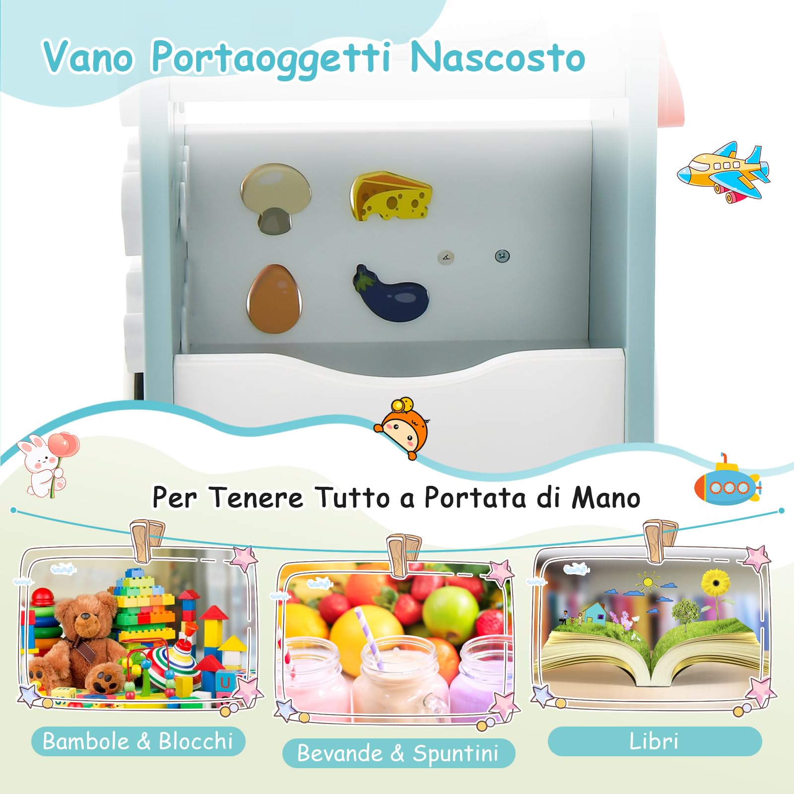 RELAX4LIFE Andador de Madera para Bebés con Accesorios y Ruedas, Carrito de Helados de Juguete Multifuncional, Juguete Montessori, Centro de Actividades para Niños 1+ Año (Azul)