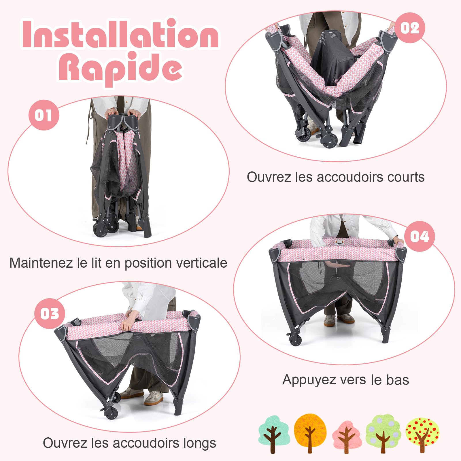 DREAMADE 5 en 1 Lit Parapluie Bébé 105,5 x 74 x 77 cm, Lit Cododo pour 0-36 Mois avec Matelas, Parc Pliable avec Couffin & Table à Langer & Sac de Transport & Roues Verrouillables (Rose)