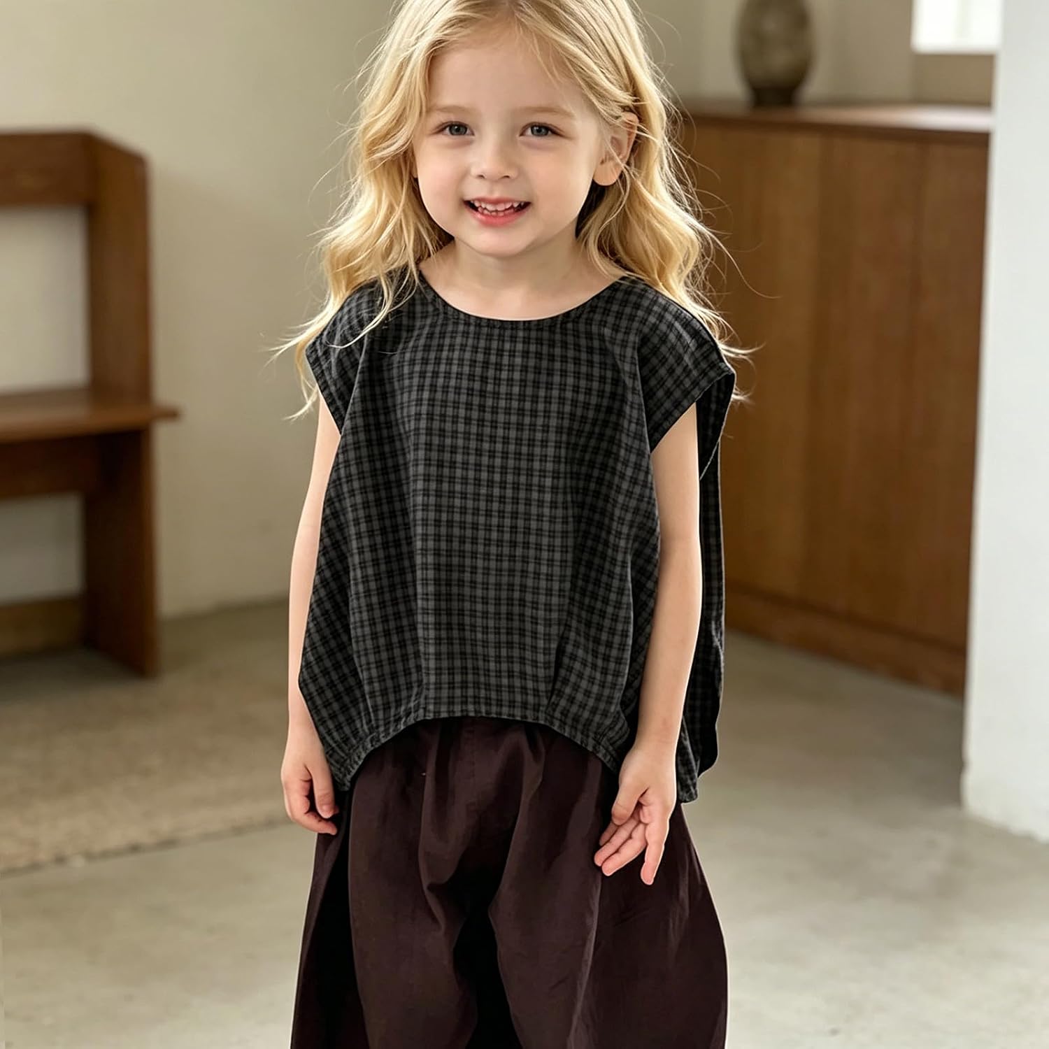 Kids Girls Gingham Tank Tops Summer Crew Neck Sleeveless Crop Plaid Vest Solid Casual Loose Oversized Lightweight