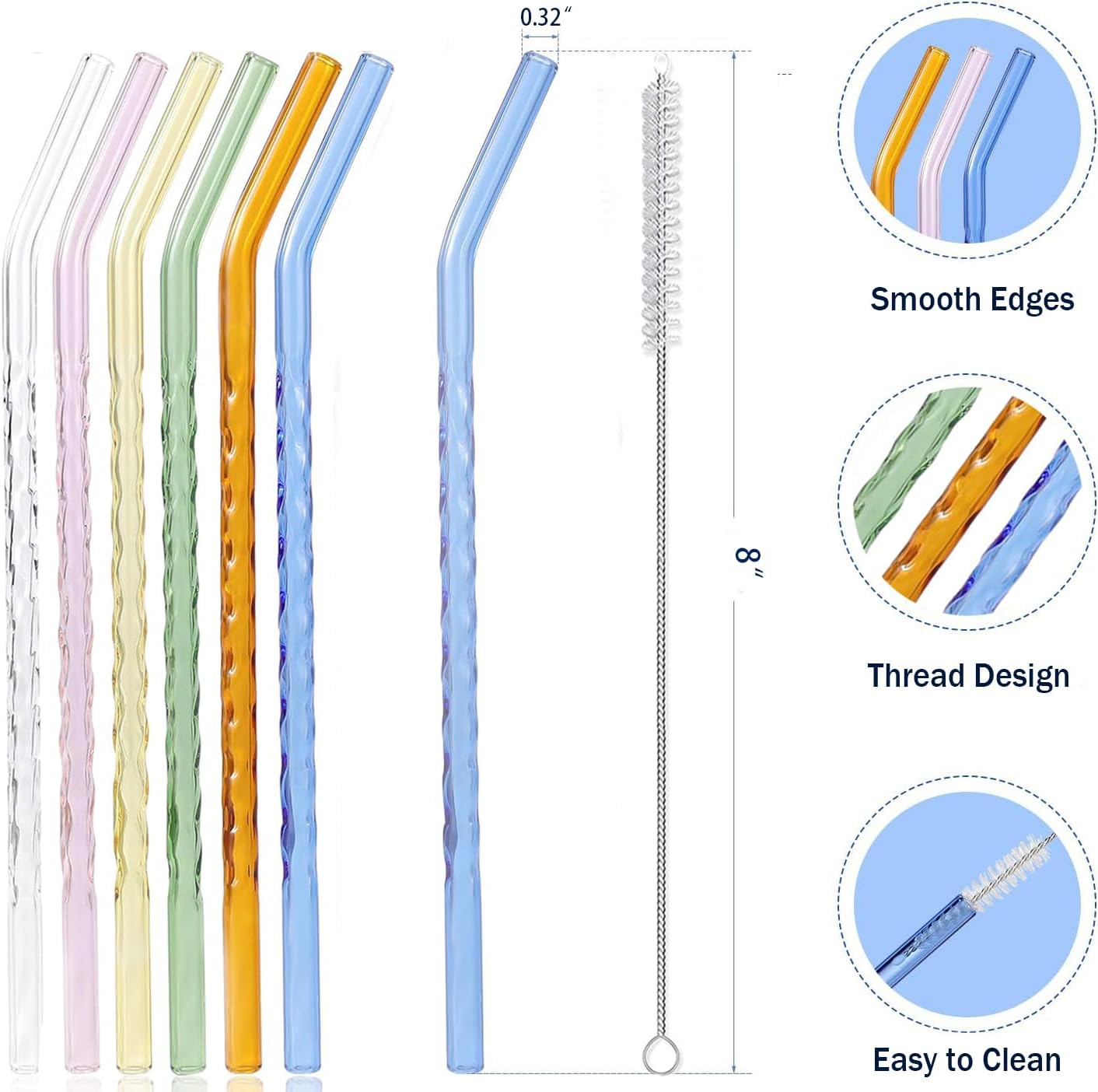 6-Pack Reusable Glass Straws Set, Clear Glass Drinking Straw, Cute Colorful Straws with Cleaning Brush, 8''x8MM