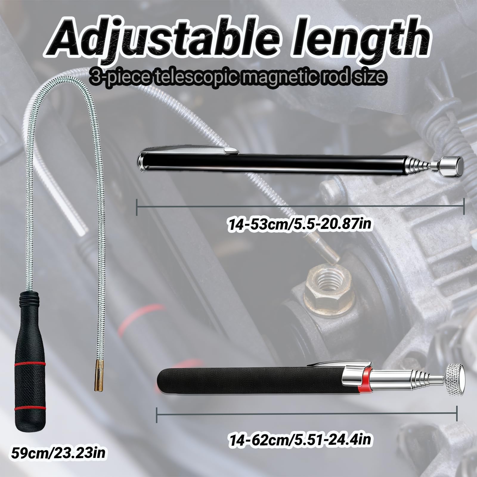 3 Piezas Varillas MagnéTicas TelescóPicas, Imanes de Varilla Flexibles Hasta 62 Cm, Elevador MagnéTico Extensible, para Recoger Tornillos Y Tuercas Y Otros Objetos MetáLicos (1.5lb 3lb 5lb)