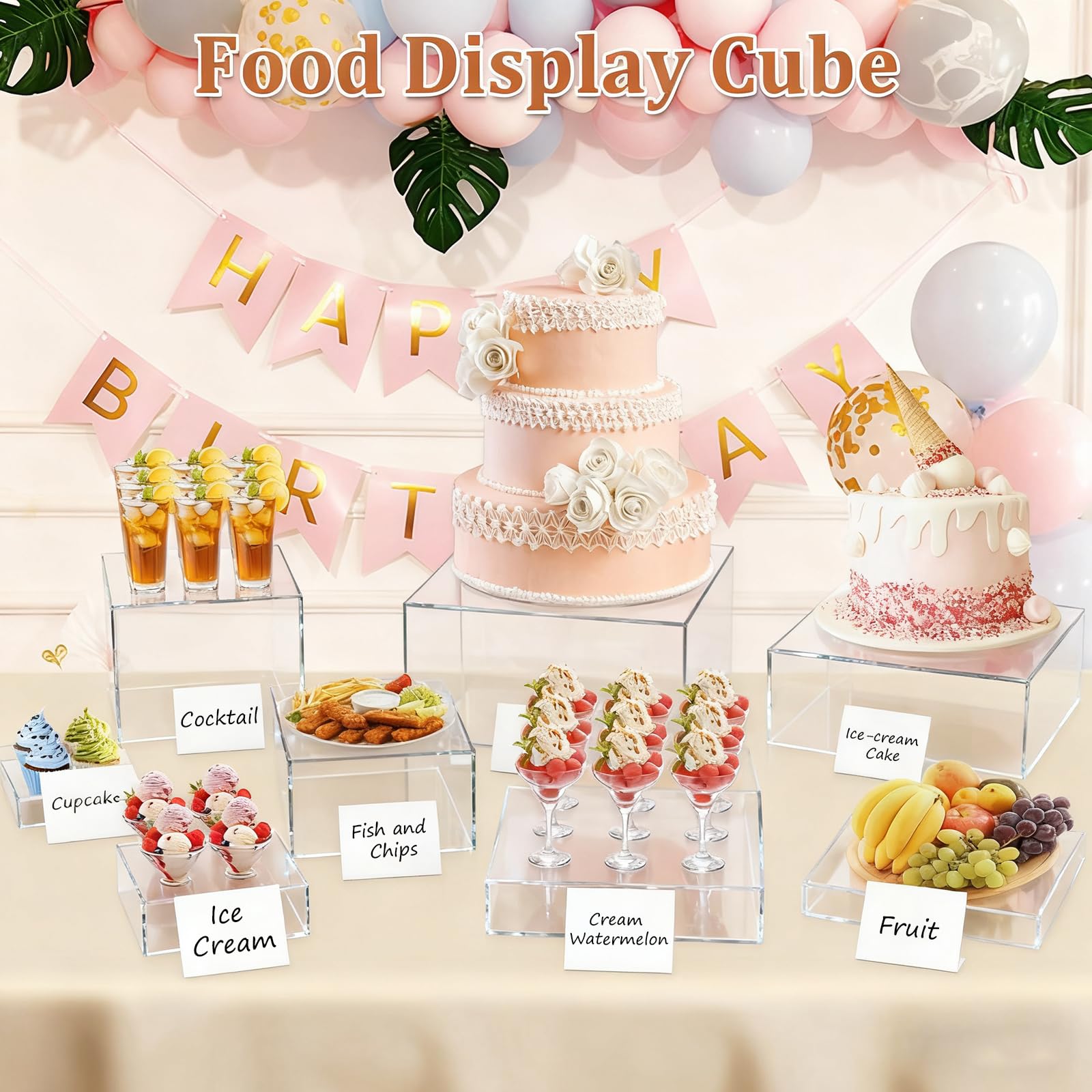 SUNEZLGO 8 rialzi per buffet, grandi alzate per alimenti in acrilico con mini cartelli, espositori per tavolo da buffet in acrilico trasparente, per feste, catering, dessert, gioielli, con fondo cavo