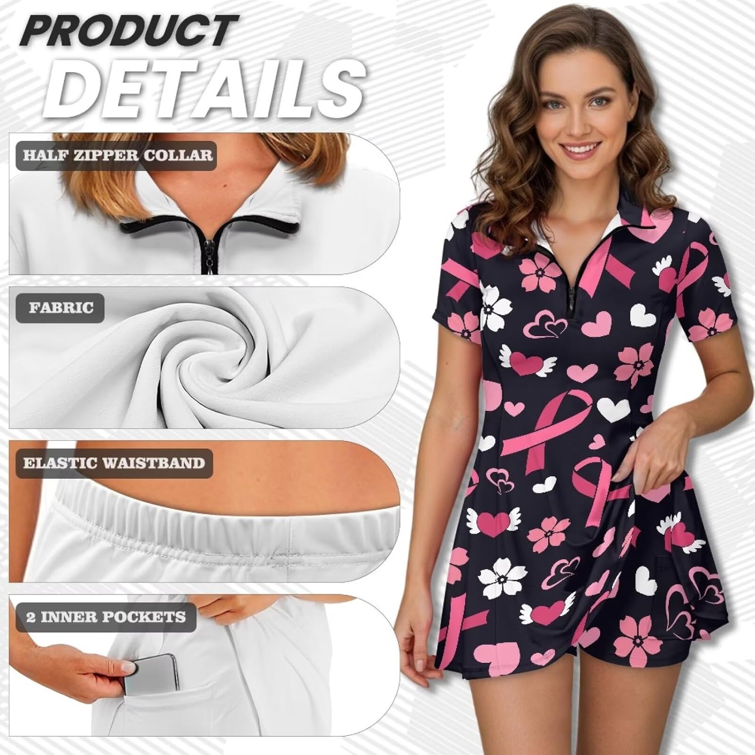 Short Sleeve Athletic Dress Womens Zipper Tennis Dress with Built in Shorts Golf Athletic Outfits Dresses