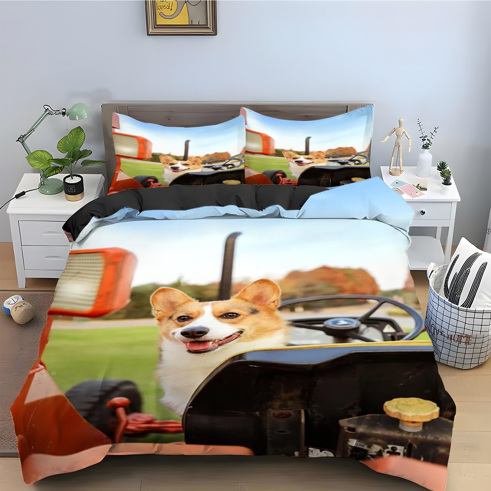 Housse de Couette 200x200 Corgi avec 2 Taies d'oreiller en Microfibre Douce - Lit 2 Personnes
