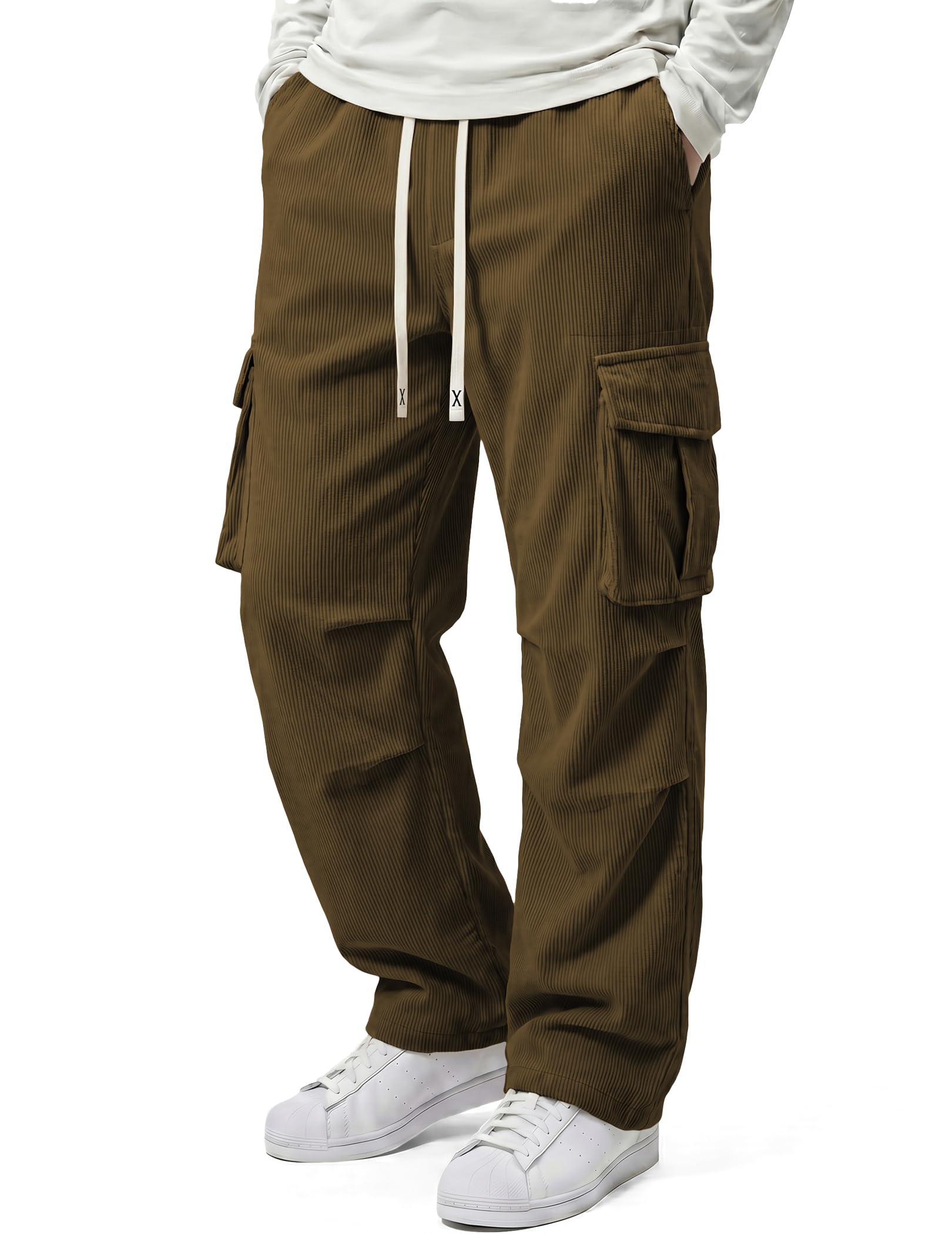 Mens Casual Corduroy Cargo Joggers Pants Baggy Tapered Sweatpants