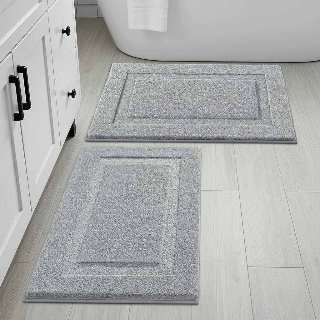 SHACOS Soft Fluffy Bathroom Rugs Sets of 2 Pieces 32x20 inch Bath Rugs Non Slip Washable Bath Mats Shower Rug Absorbent Bathrug, Light Grey