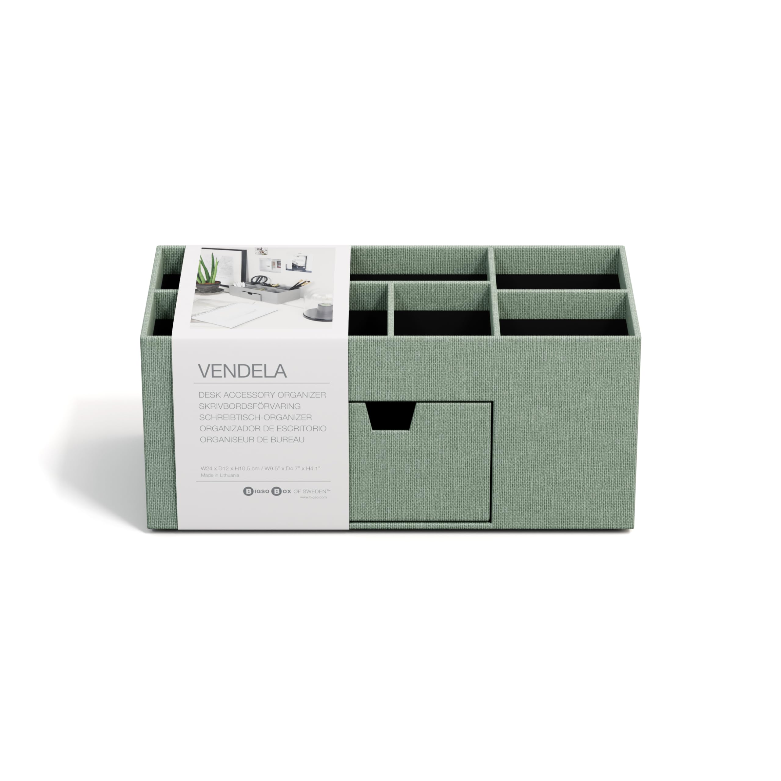 BIGSO VENDELA Schreibtisch Organizer mit 7 Fächern und Schublade – Ablagebox aus Faserplatte und Papier in Leinenoptik – Schreibtischset für Büromaterial – mintgrün
