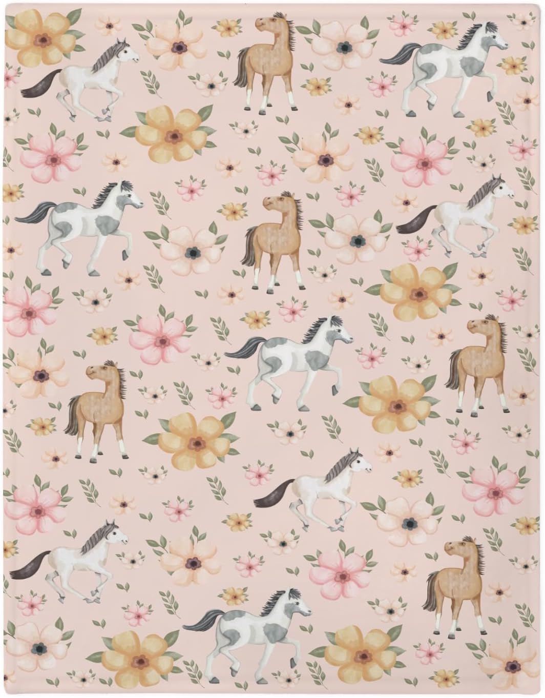 Watercolor Horse Floral Baby Blankets for Boy Girl Running Horses Boho Flowers Soft Flannel Swaddle Receiving Blankets for Infant Toddler Crib Wild Horse Lovers Nursery Bed Blankets Playmat 40x50inch