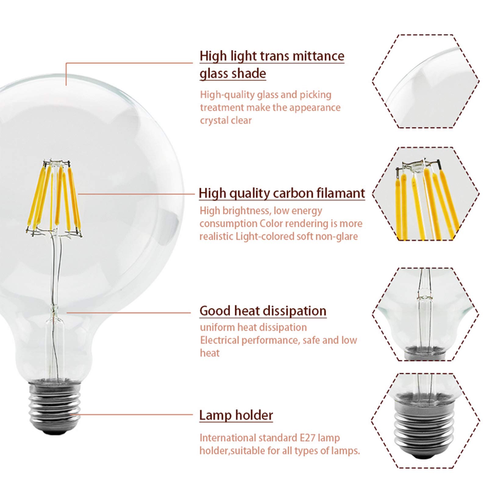 Paquete 10 bombillas LED G80, lámpara incandescente 12w = 120w, bombilla filamento Edison Vintage no regulable, base E27 360 grados; Ángulo haz Sin parpadeo Proyector paisaje
