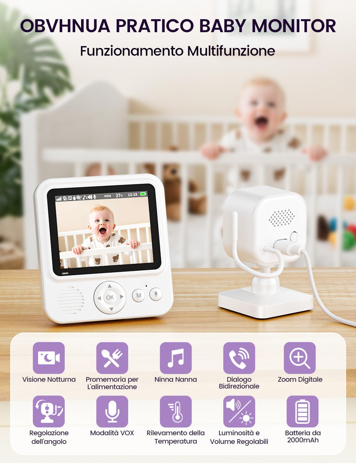 OBVHNUA Baby Monitor Video e Audio 2,8" 720P LCD IPS 2000mAh USB-C Baby Phone con Zoom Digitale VOX Visione Notturna Comunicazione Bidirezionale Sensore Ninna Nanna