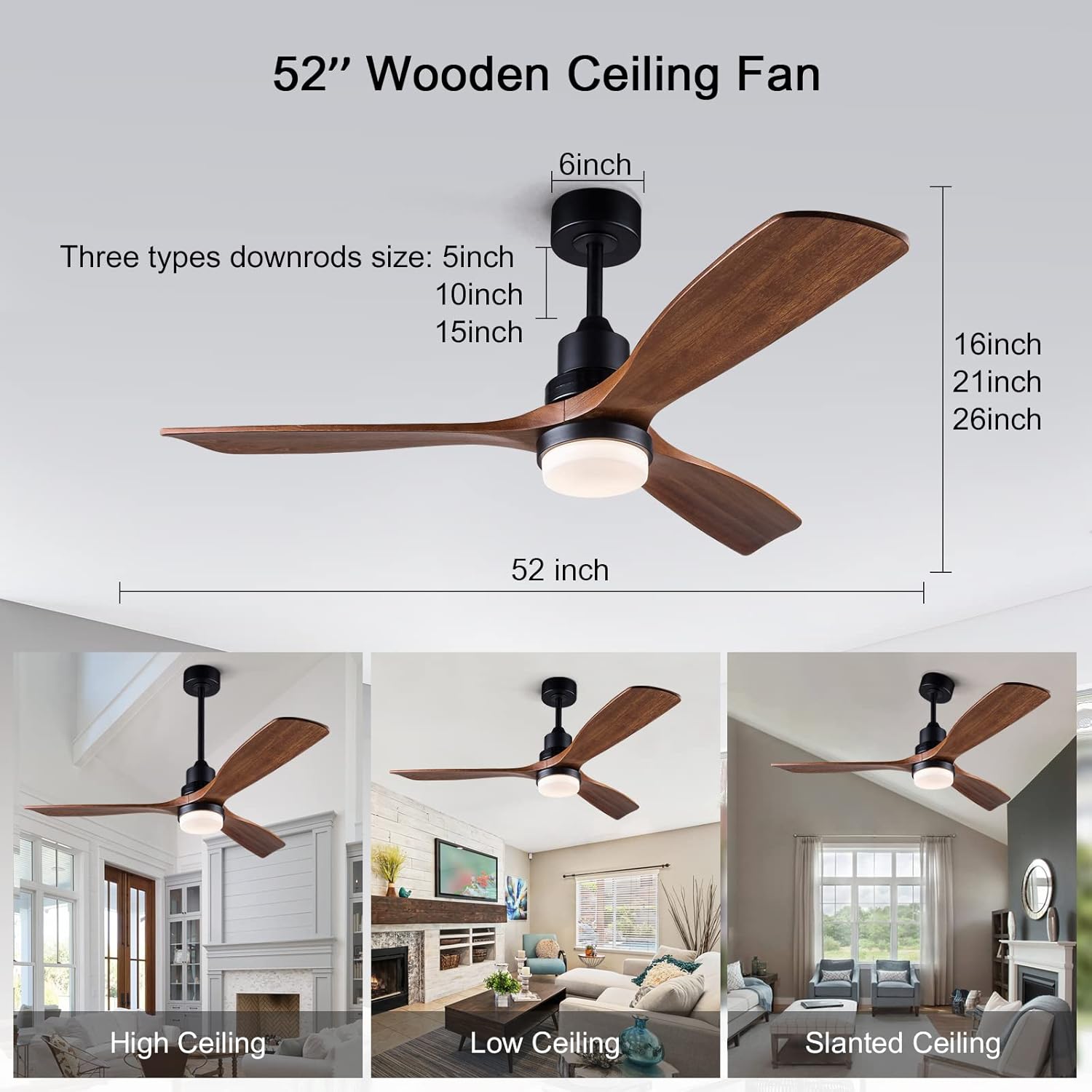 BOJUE 52” Ceiling Fans with Lights Remote Control,Indoor Outdoor Wood Ceiling Fan with 3 Blade for Patio Living Room, Bedroom, Office, Summer House, Etc : Tools & Home Improvement