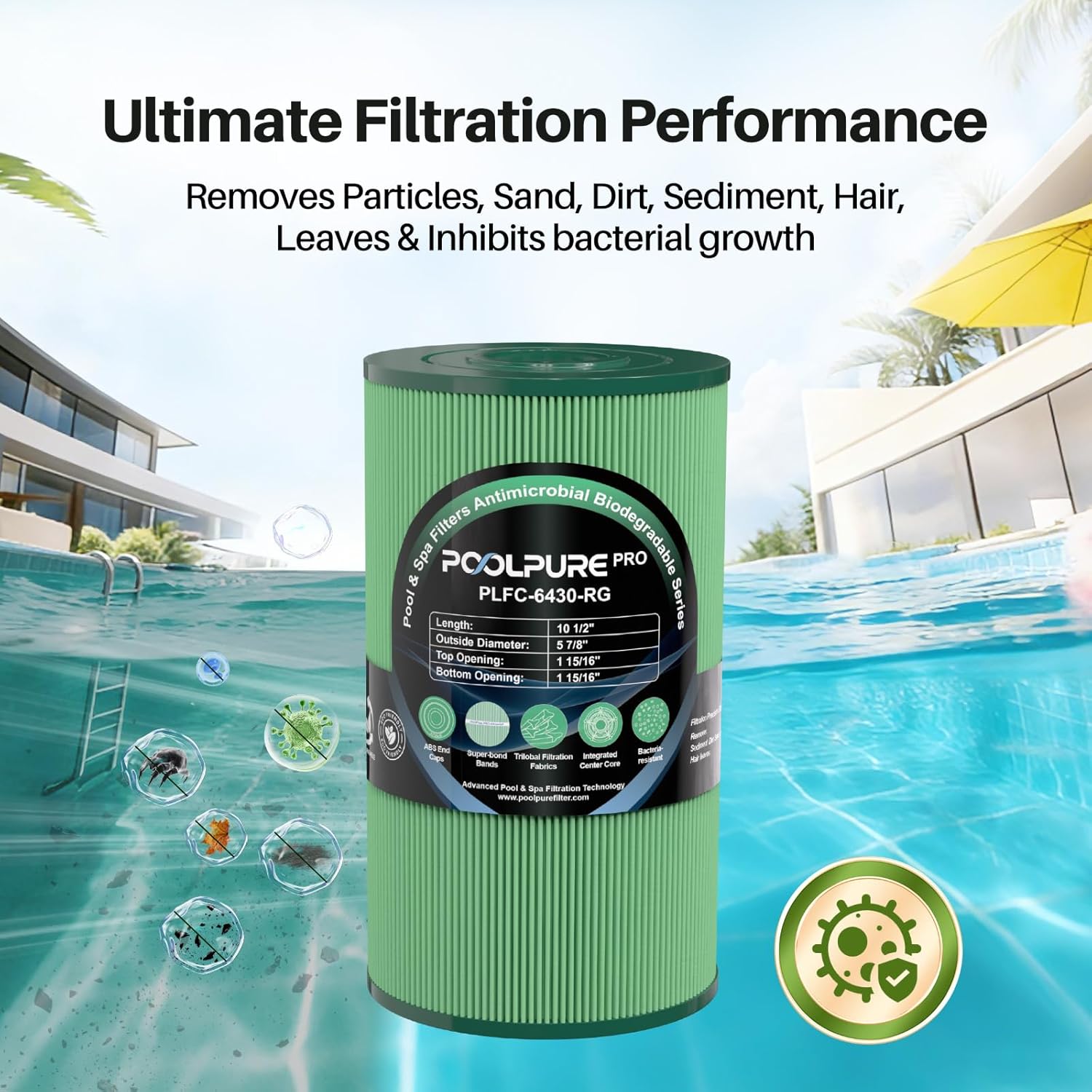 POOLPURE C-6430-RG Spa Filter Replaces PWK30-M, Watkins 31489, Filbur FC-3915M, P/N0969601, 71825, 73178, 73250, Pro – Newly Upgraded, Antimicrobial, Biodegradable, 1 Pack