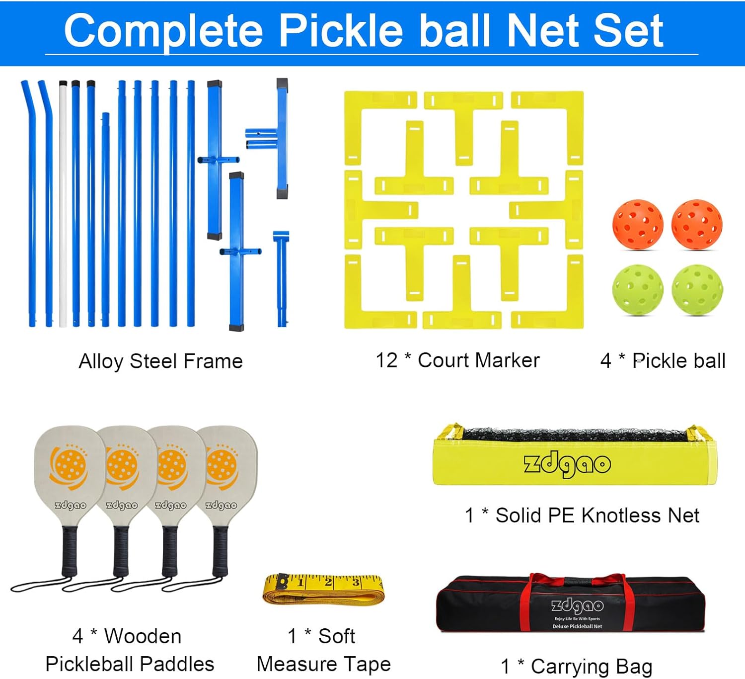 Pickleball Net for Driveway - Portable Pickleball Set with Net and Paddles Set of 4, Court Marking Kit, Outdoor Pickleballs, Carry Bag, Steady Metal Frame Easy Setup