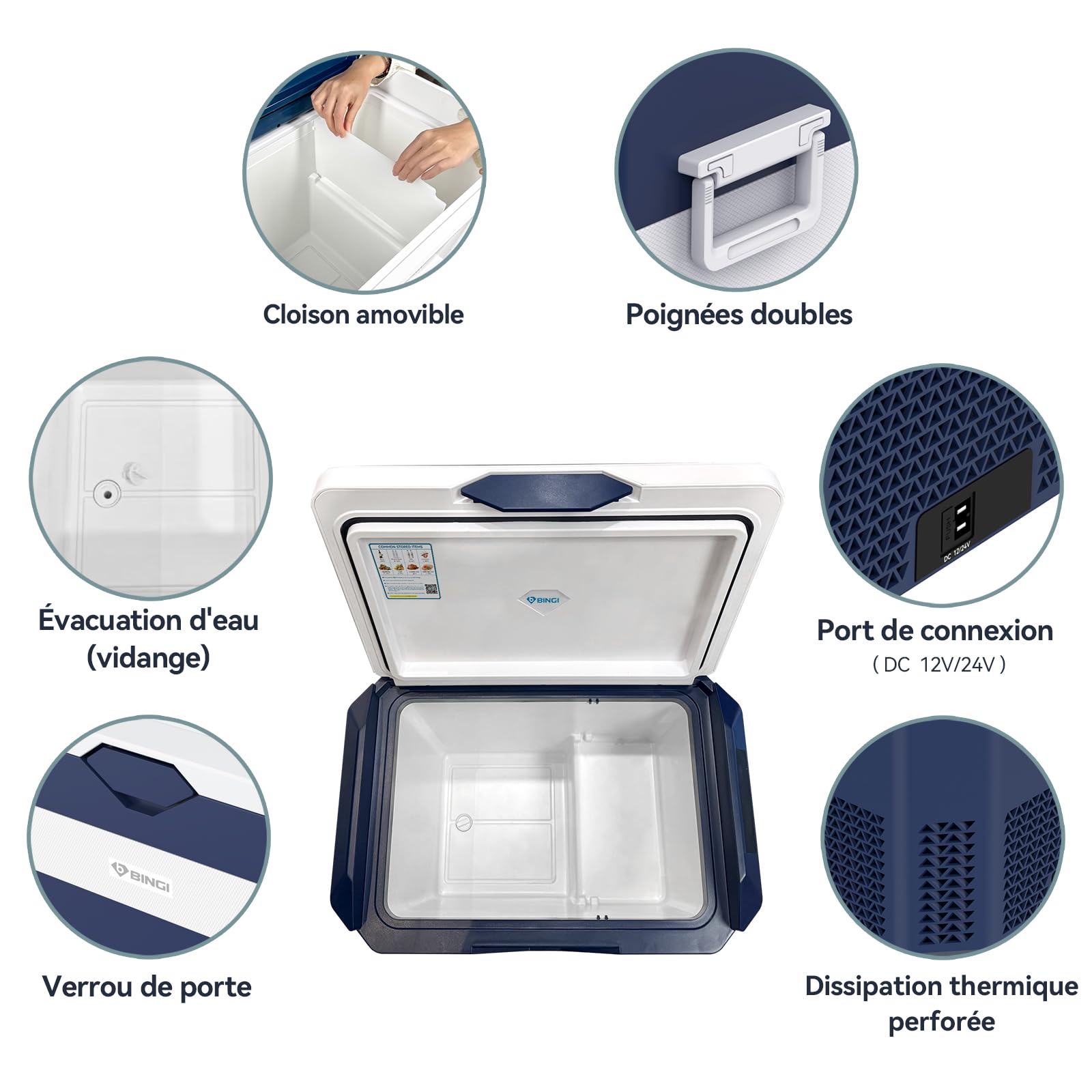BINGI Glacière Electrique Voiture 38L Silencieuse ≤45dB Réfrigérateur Compression -18°C à +15°C 12V/24V/220V