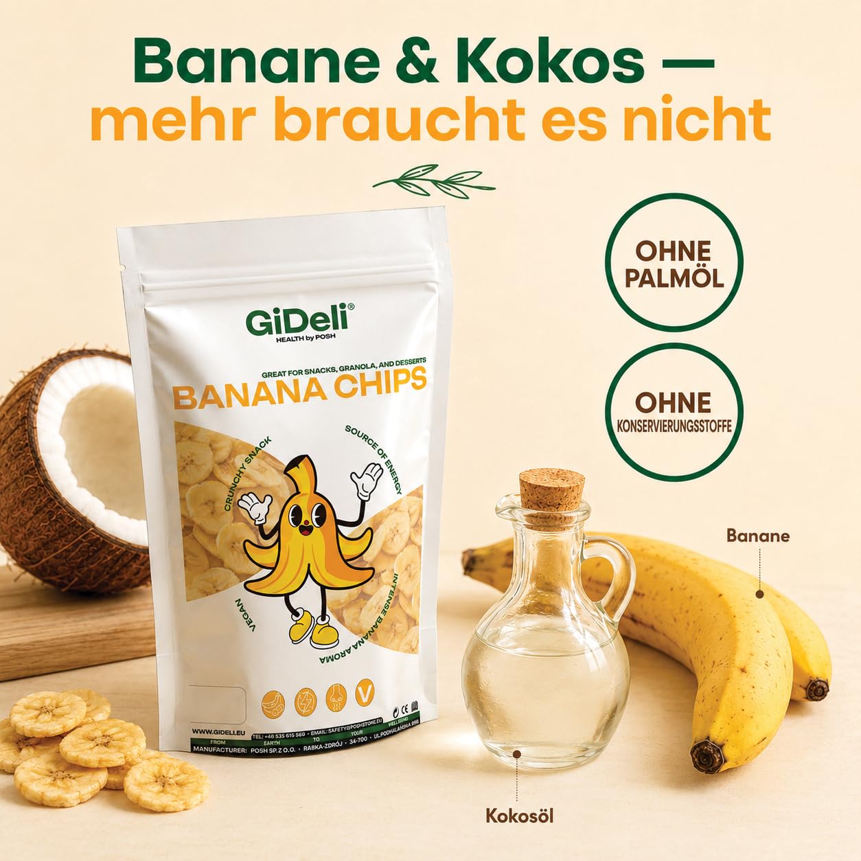 GiDeli Bananenchips Getrocknet 4x5kg - Knusprige Banana Chips aus sonnengereiften Früchten der Philippinen - In Kokosöl veredelt & ohne Palmöl - Dried Banana für Müsli, Joghurt & als Snack