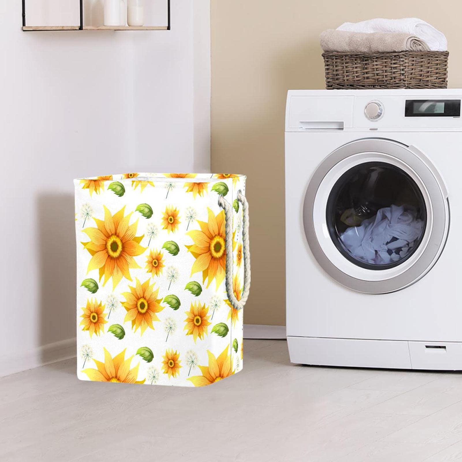 Cesta impermeable para la colada, cesta para ropa sucia con asa, hermoso patrón de flores de girasol