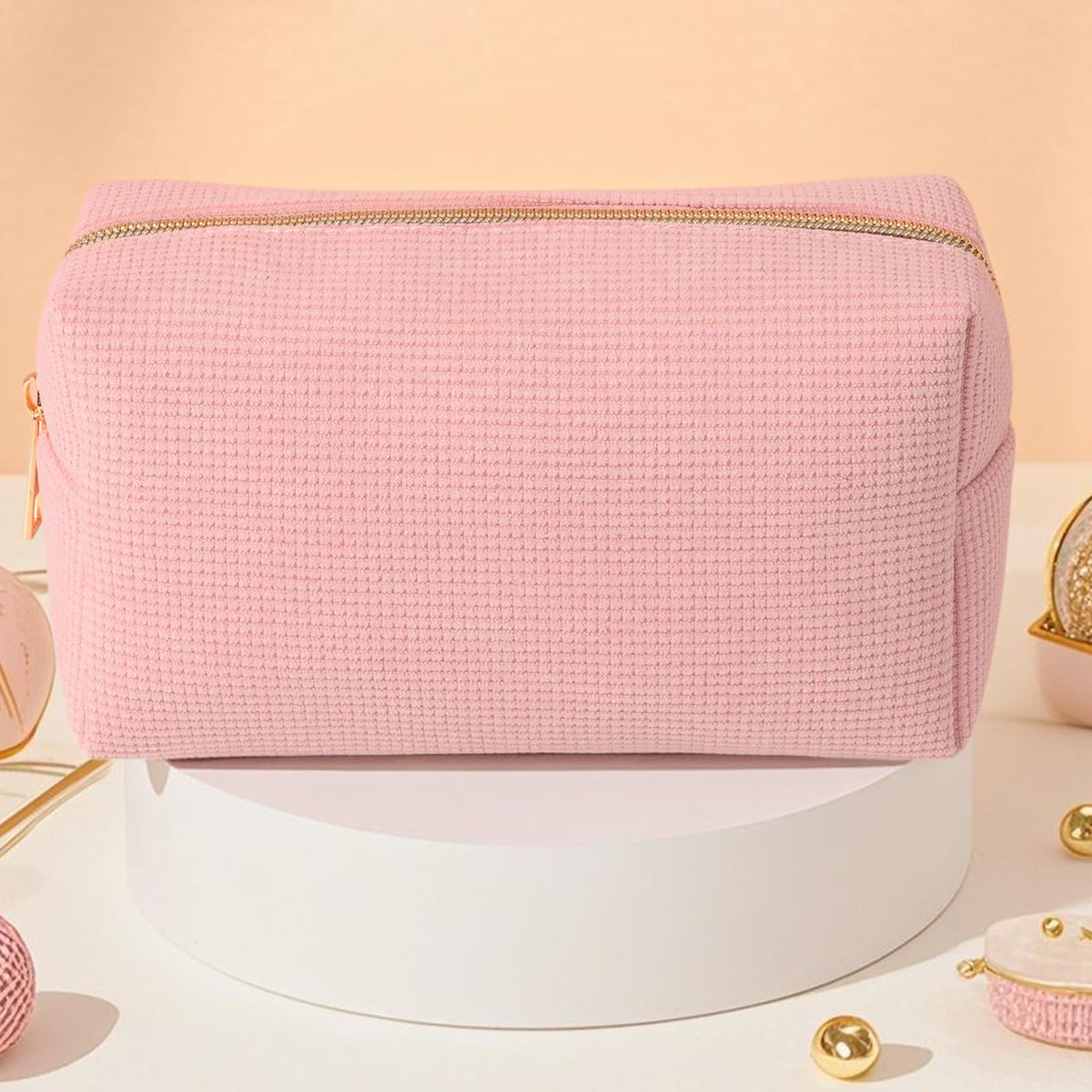 Pink Textured Corduroy Cosmetic Bag with Gold Metal Zipper, Durable Travel Toiletry Pouch for Women's Makeup - Image 4