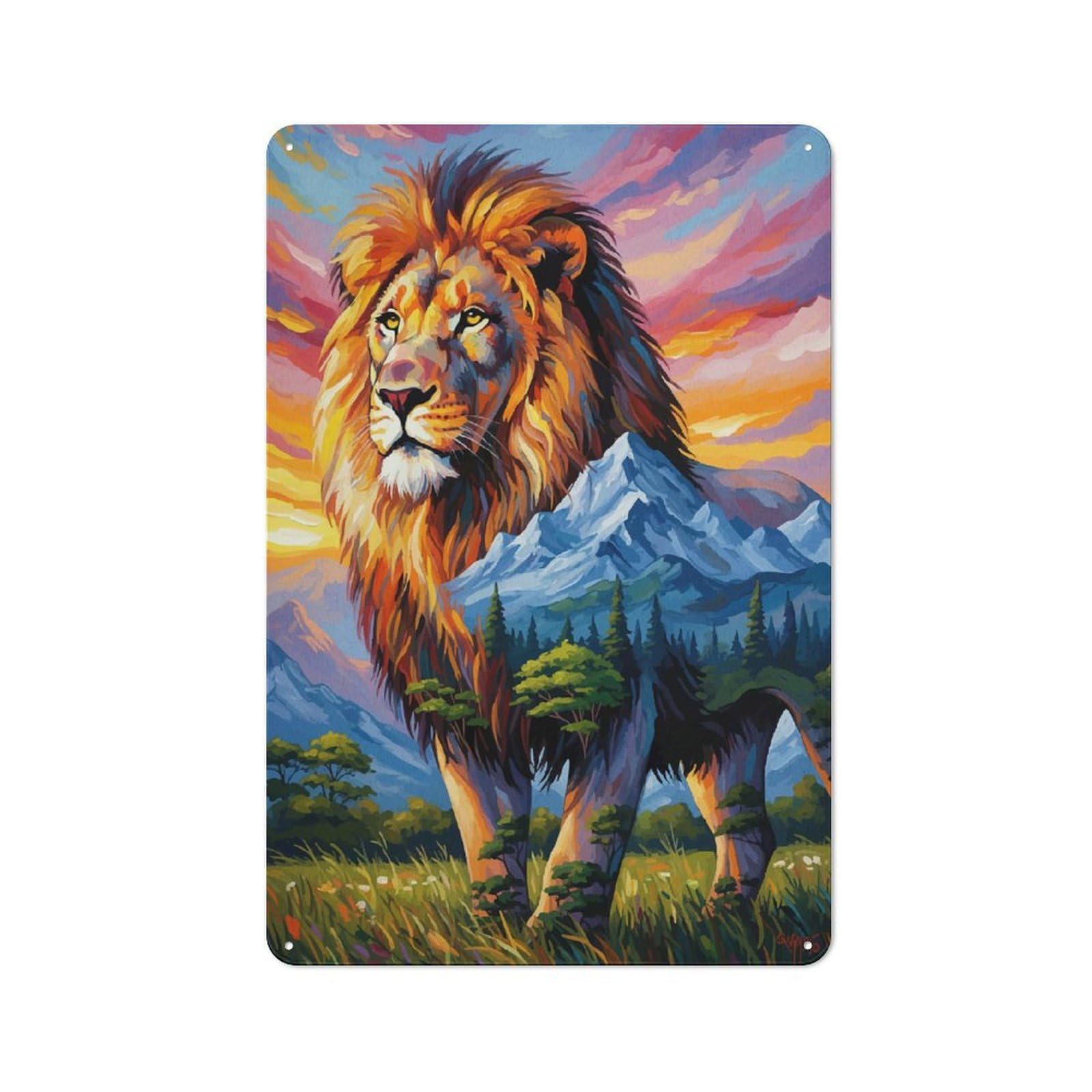 Lion And Mountain Landscape Rustic Metal Wall Decor 30x20cm, Metal Wall Sign for Pub, Home Bar, Shed Or Man Cave