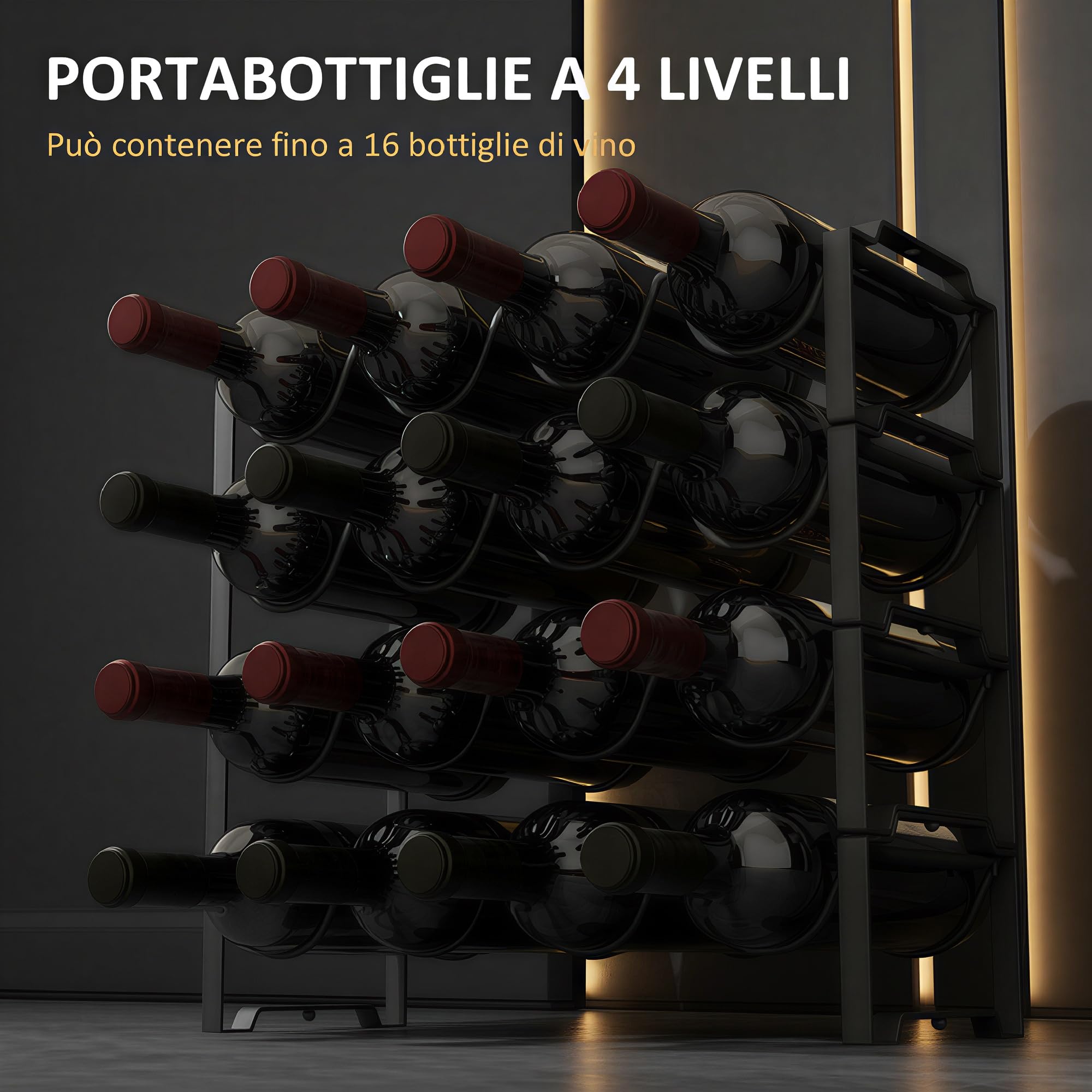 HOMCOM Portabottiglie Vino a 4 Livelli a Onda Impilabili per 16 Bottiglie, Cantinetta Portabottiglie Metallo per Cucina, Bar, Dispensa e Cantina, 42.5x16.5x41 cm Nero