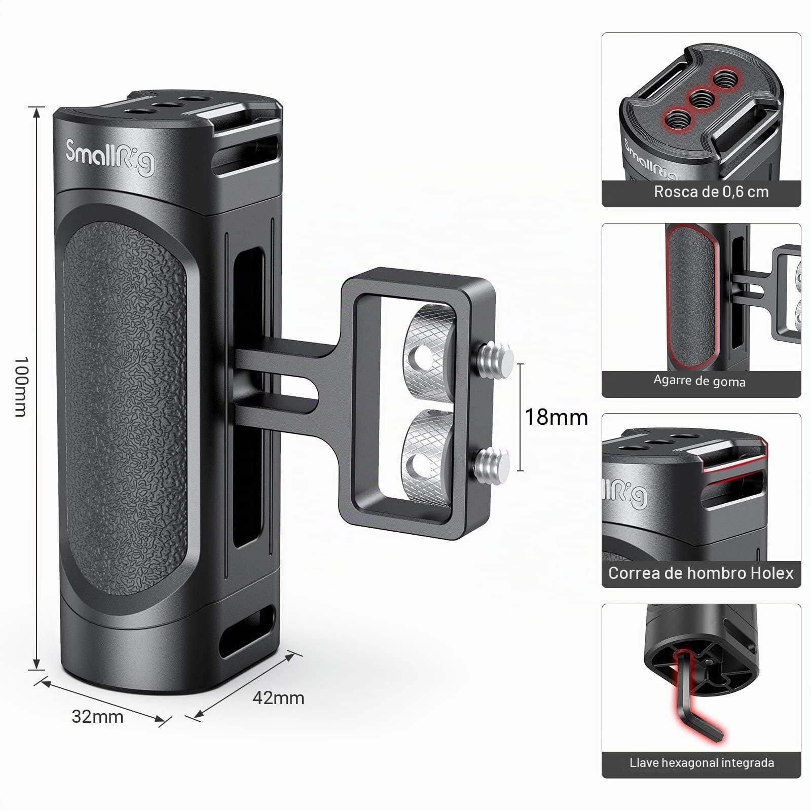 SMALLRIG Mini Mango Lateral con Doble Montaje de Rosca 1/4"-20 para Cámaras Mirrorless/DSL, con Llave Integrada y Ajuste Vertical - 2916
