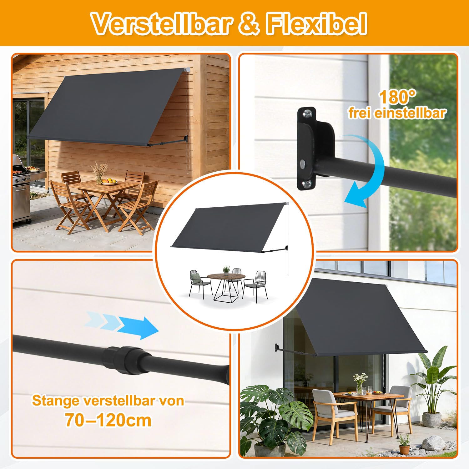 Markise Fallarmmarkise einziehbar 300x150cm, Stützarm 70-120cm verstellbar, 2m Perlenkette, Wandmontage, Sonnenschutz & Windschutz für Balkon Terrasse Garten, Dunkelgrau
