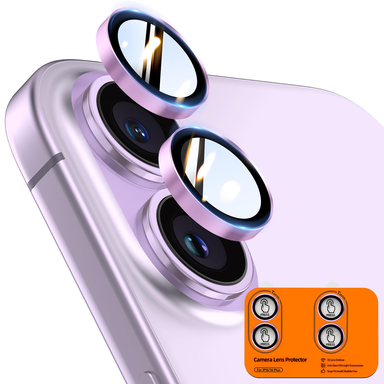 TOCOL Camera Lens Protector for iPhone 16 / iPhone 16 Plus Tempered Glass HD Individual Scratch Resistant Camera Cover Accessories Case Friendly 2 Pack（Pink）