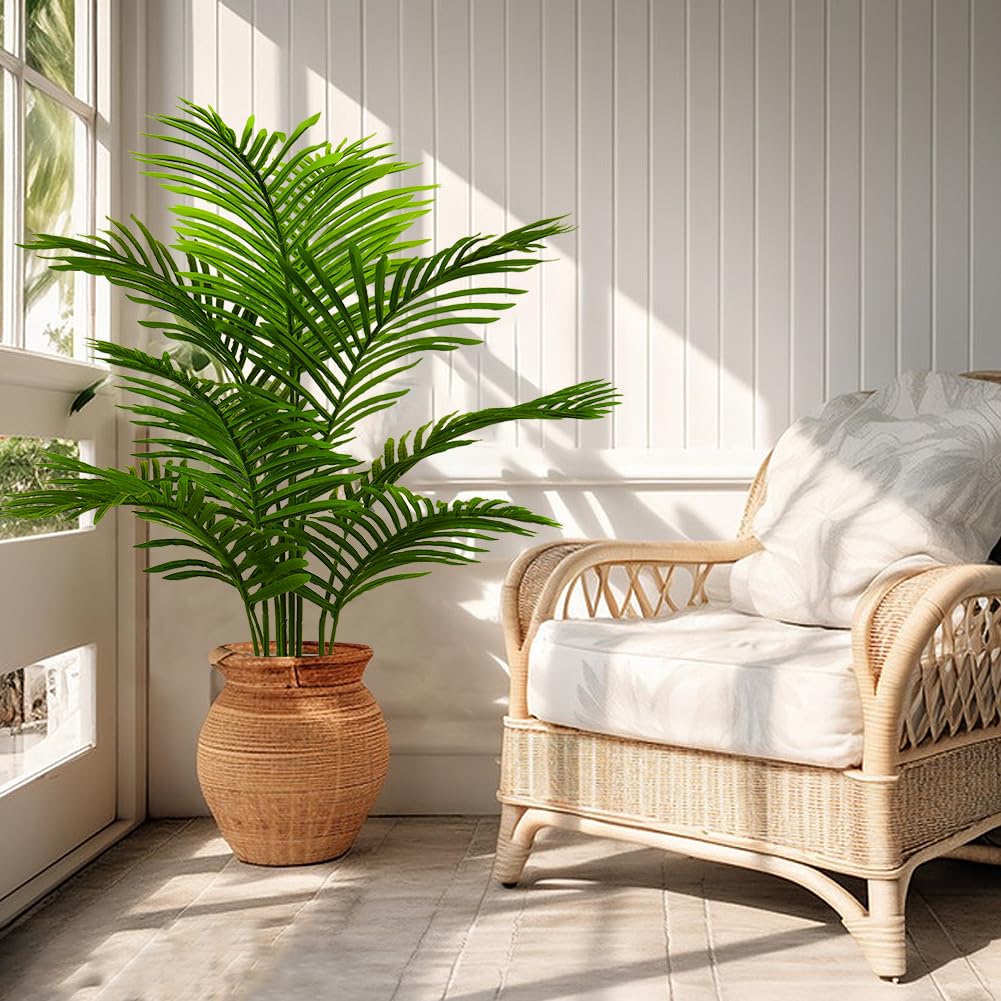 Olrla Lot de 2 palmiers artificiels de 120 cm, arbre tropical artificiel avec vase noir, plante Areca en soie synthétique pour maison, bureau, salon, décoration d'intérieur