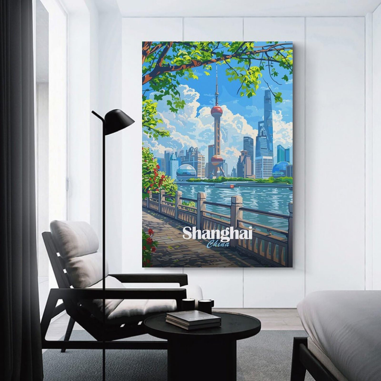 Junmoney Shanghai China Cityscape Illustration Canvas Wall Picture 24x36inch(60x90cm), for Contemporary Homes, Apartments Or Offices, Wall Decor with Flexible Room Appeal