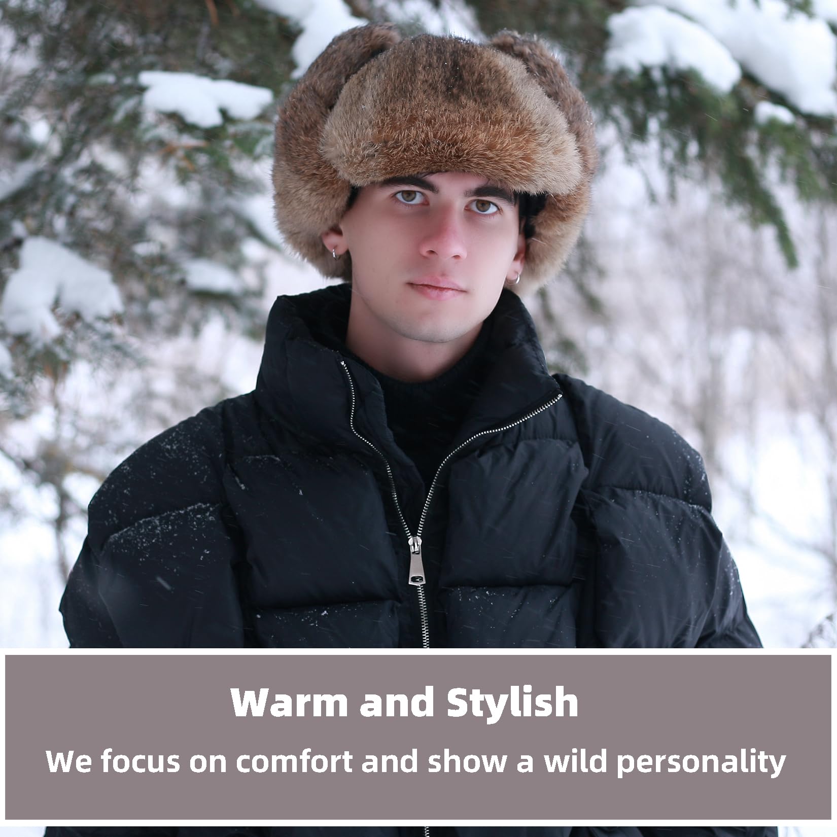 HEYANN Russian Hut Fliegermütze Herren, Kaninchenfell Ushanka Russenmütze Wintermütze Trappermütze Herren Fuzzy Winter Fellmütze mit Ohrenklappen Warme Russenmütze Mütze