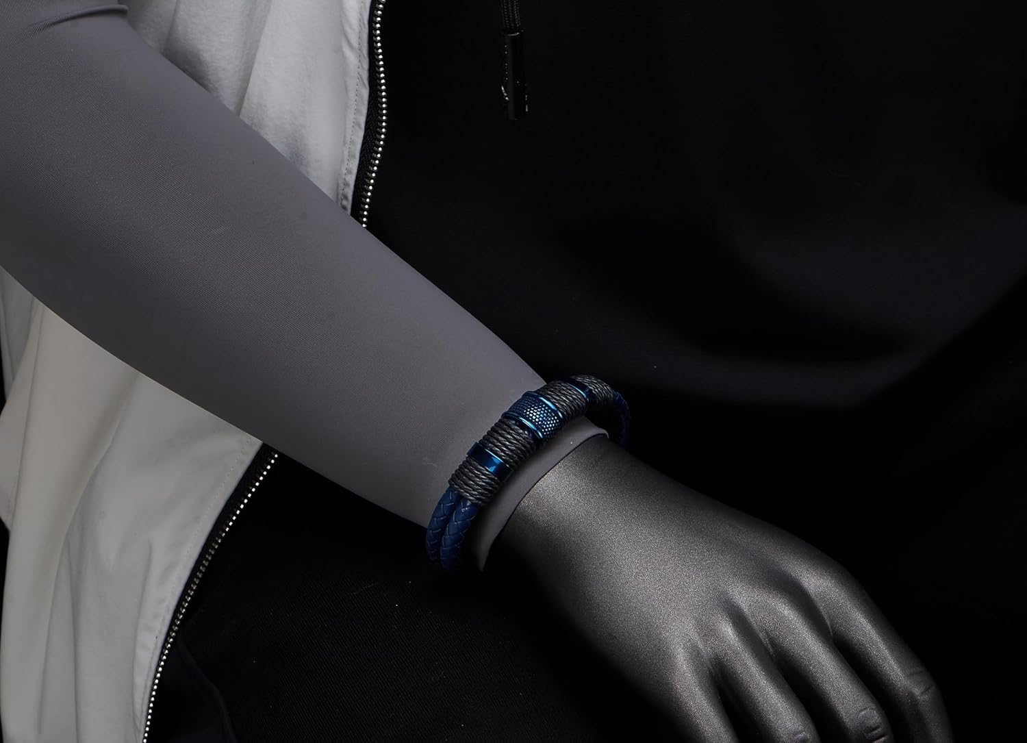 COOLSTEELANDBEYOND Men's Leather Bracelet, Braided Two-Row Band, Rope and Steel Charms, Modern Stylish - Image 2